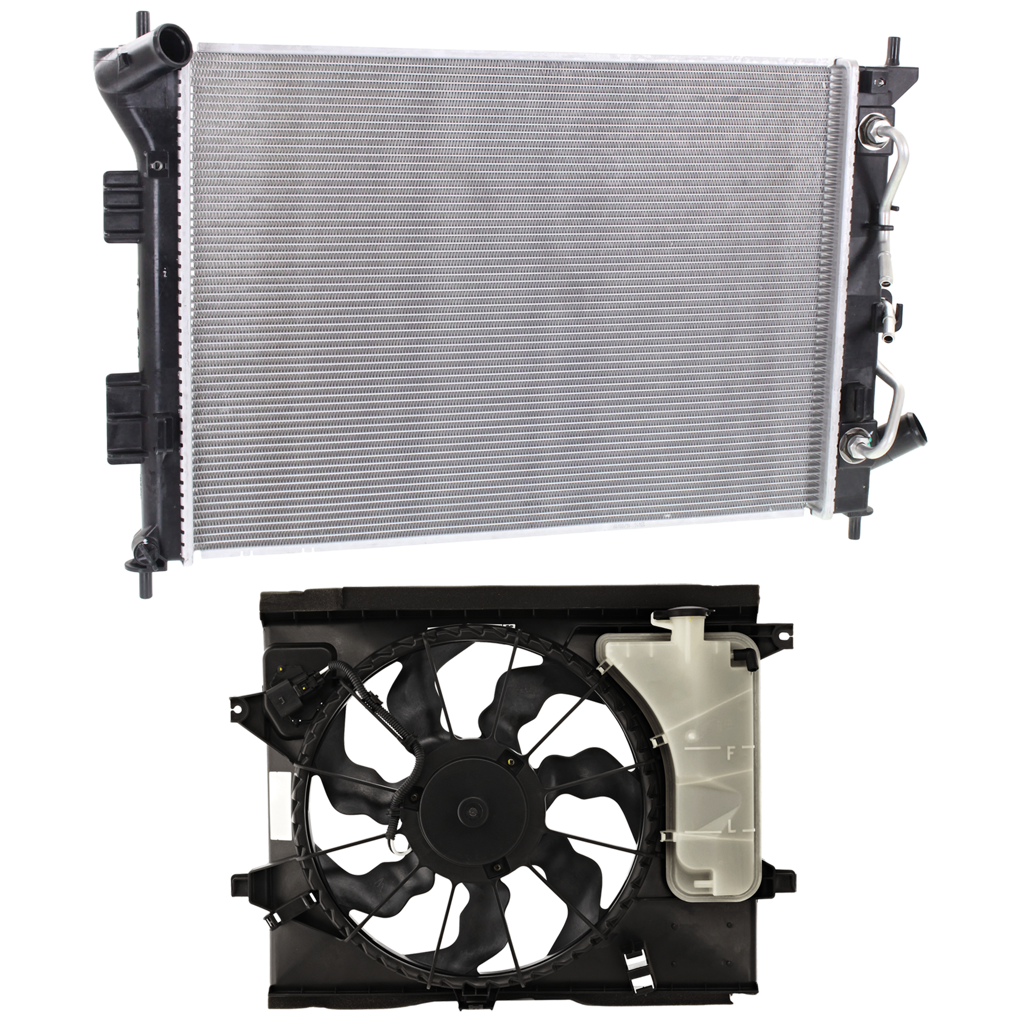 AM SOUL 14-19 RADIATOR 2 pc Kit 4 Cyl 2.0L 1.6L Auto Trans. with Cooling Fan Assembly SKU KIT 050126-59 Partslink KI3010149 KI3115134 OEM 25310B2050-253802K600-25380B20