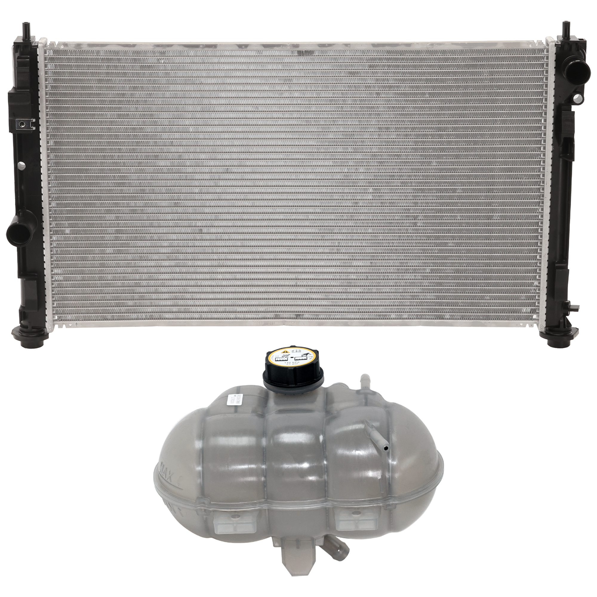 AM MUSTANG 15-22 RADIATOR 2 pc Kit 4 Cyl 2.3L Eng. EcoBoost Models with Coolant Reservoir SKU KIT 050126-69 Partslink FO3010332 FO3014168 OEM FR3Z8005C FR3Z8A080A PFM