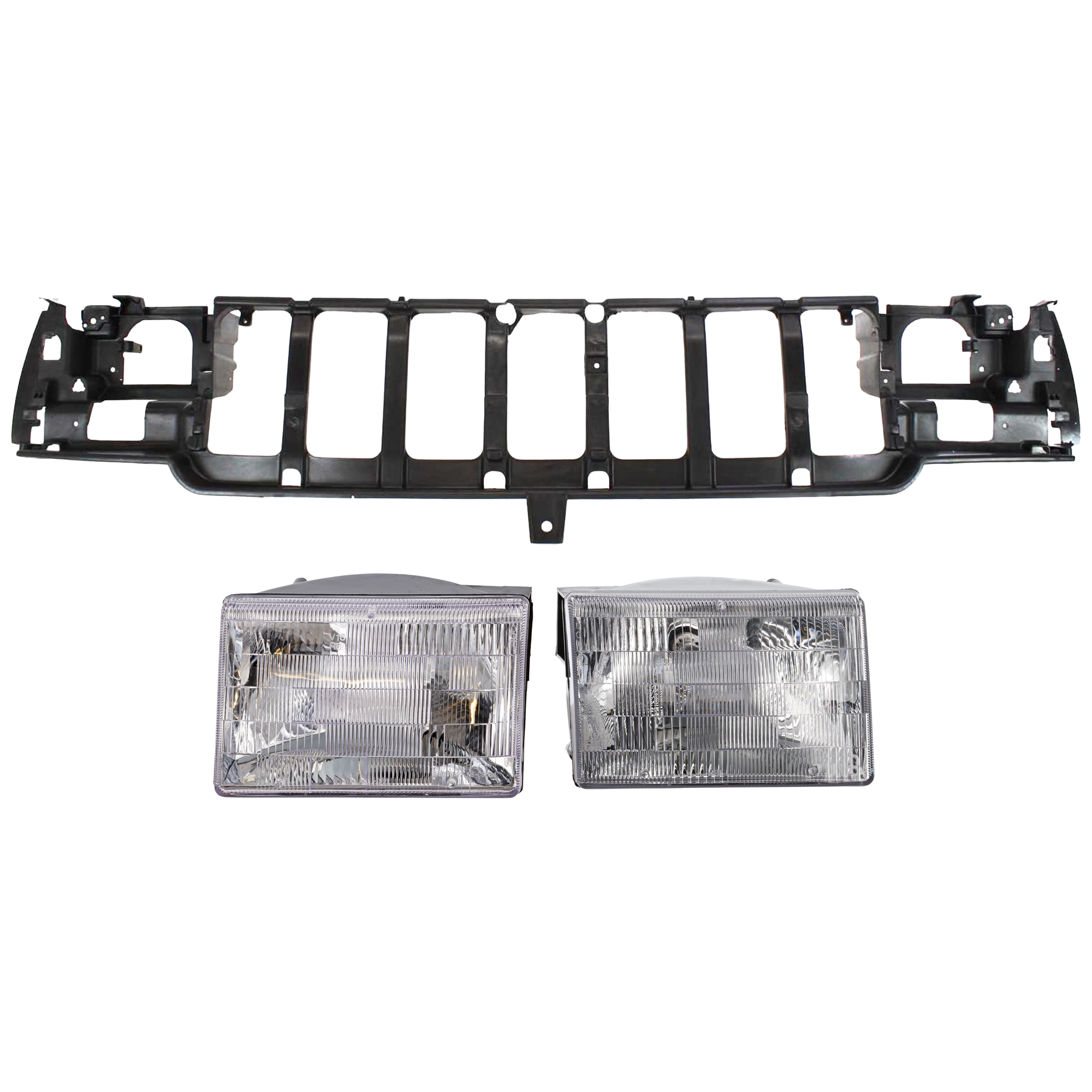 AM GRAND CHEROKEE 96-98 HEADER PANEL 3 pc Kit Thermoplastic with Headlight SKU KIT 050126-88 Partslink CH1220114 CH2503104 CH2502104 OEM 55054996AB 55155126-55055118AB