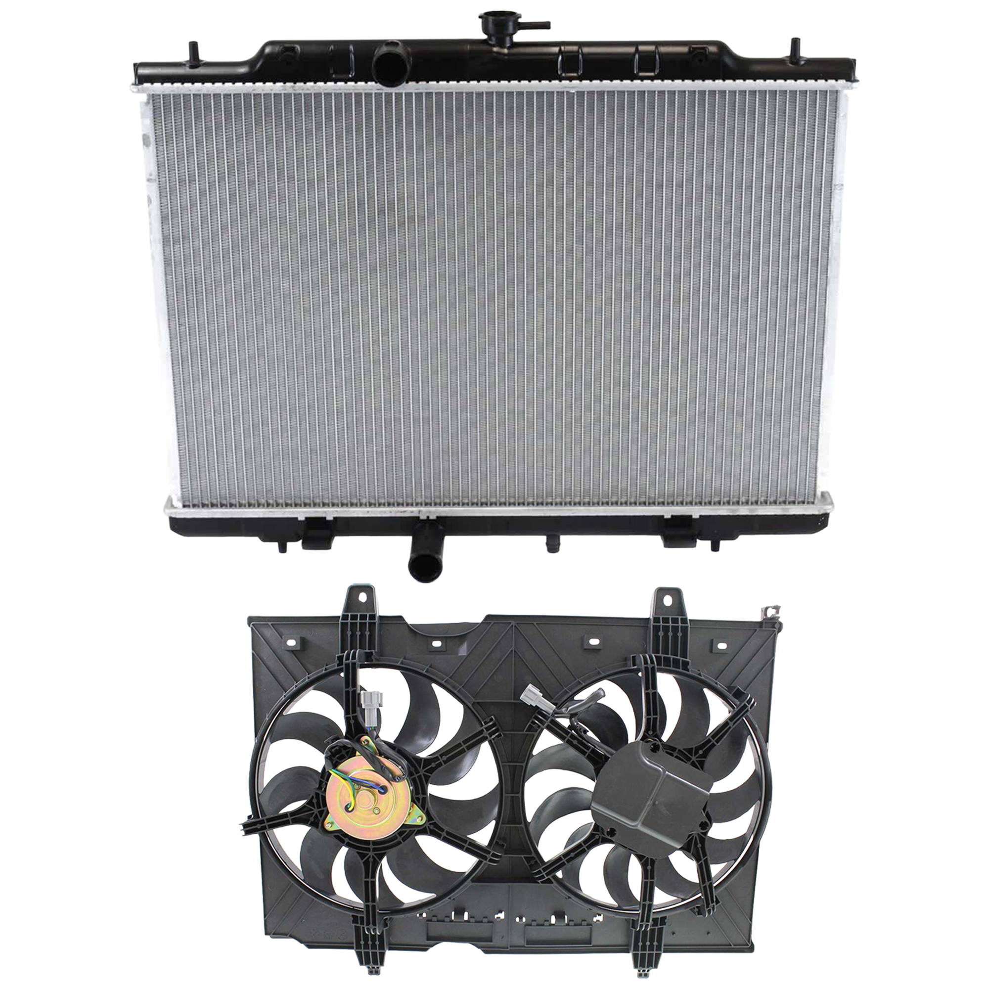 AM ROGUE 08-13 ROGUE SELECT 14-15 RADIATOR 2 pc Kit 4 Cyl 2.5L Eng. with Cooling Fan Assembly SKU KIT 050126-90 Partslink NI3010209 NI3115137 OEM 21400JM00A 21481JG70A
