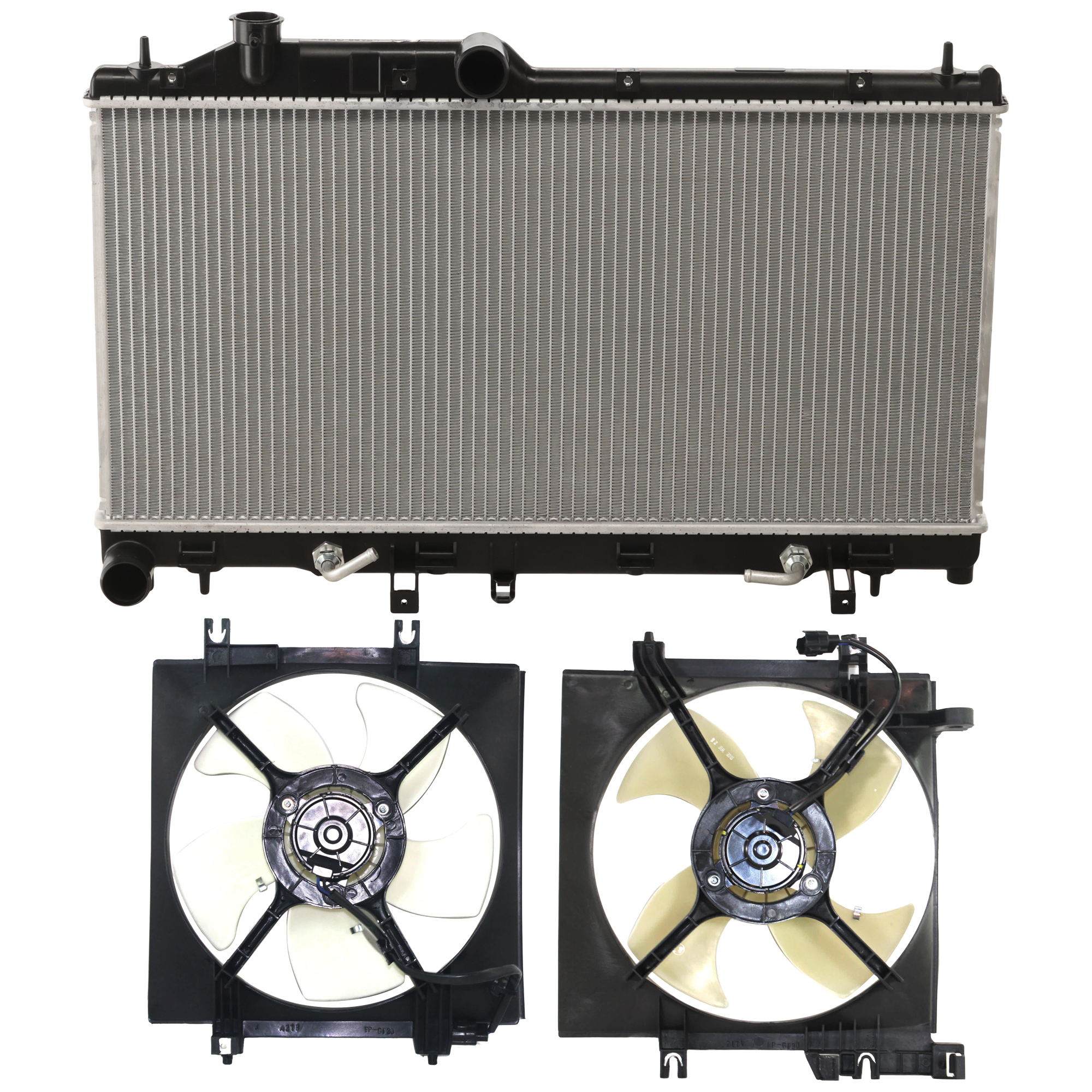 AM LEGACY OUTBACK 10-14 RADIATOR 3 pc Kit 4 Cyl 2.5L Eng. with Cooling Fan Assembly SKU KIT 050126-97 Partslink SU3010661 SU3115115 SU3115116 OEM 45111AJ07A 45111AJ10A 45122AG0