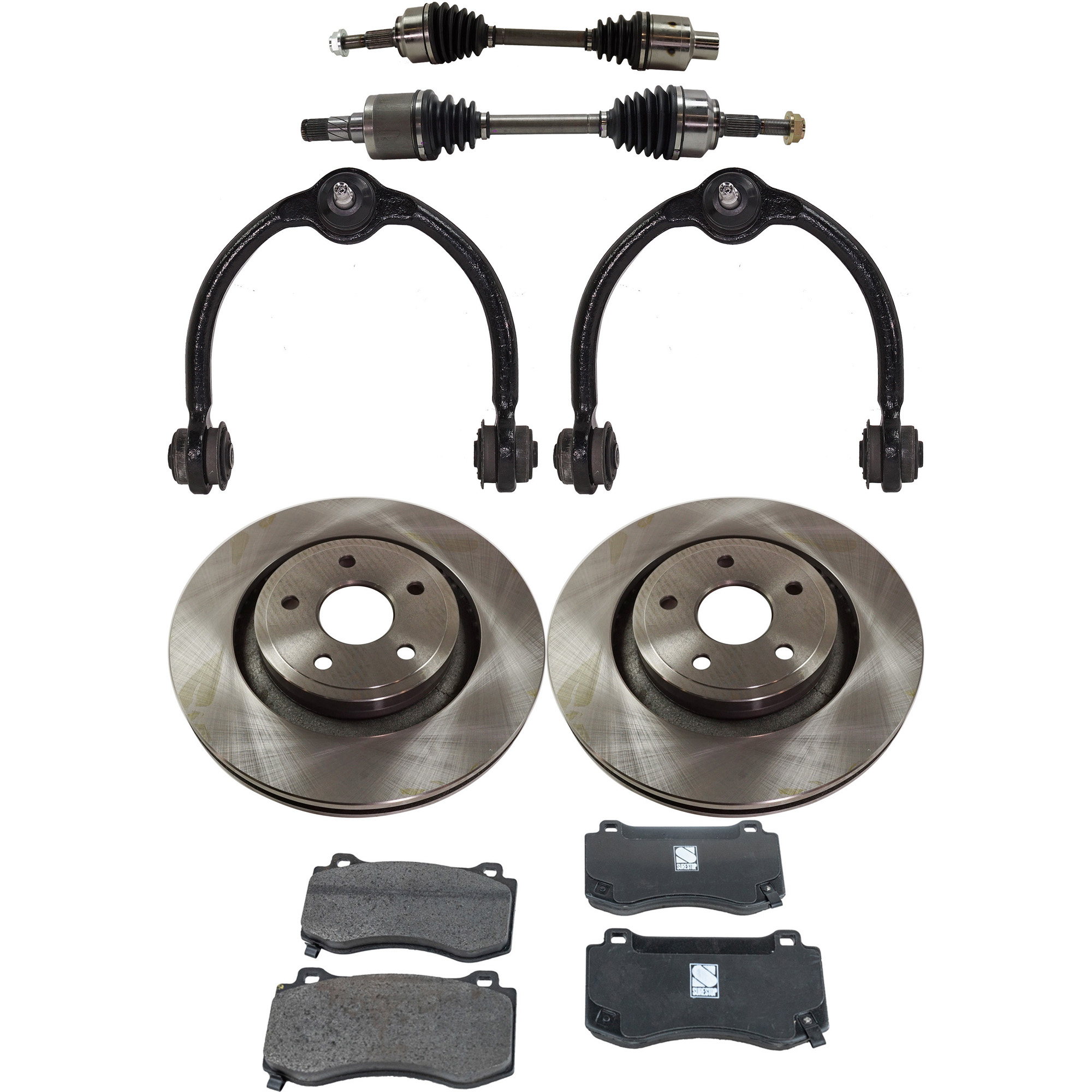 AM GRAND CHEROKEE 06-10 FRONT CV AXLE ASSEMBLY RH AND LH 8 pc kit with Brake Discs Brake Pad Set and Control Arms SKU KIT 050222-033 OEM 5290733AB 5174311AA 5174311AB