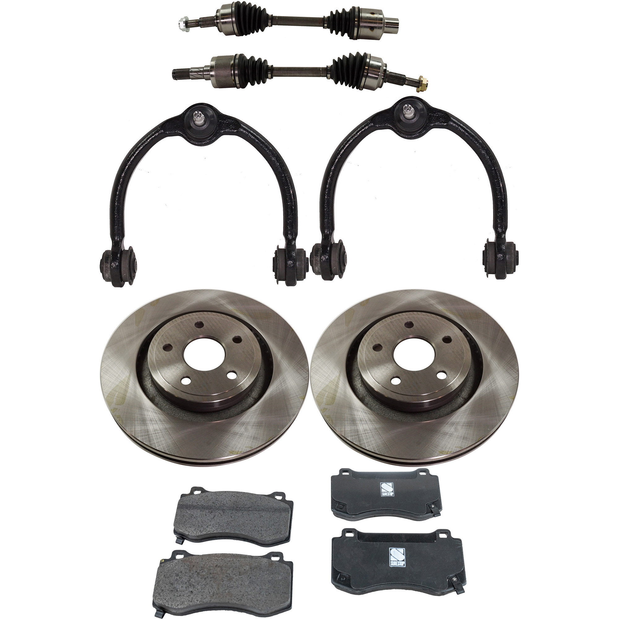 AM GRAND CHEROKEE 06-10 FRONT CV AXLE ASSEMBLY RH AND LH 8 pc kit with Brake Discs Brake Pad Set and Control Arms SKU KIT 050222-034 OEM 5290733AB 5174311AA 5174311AB