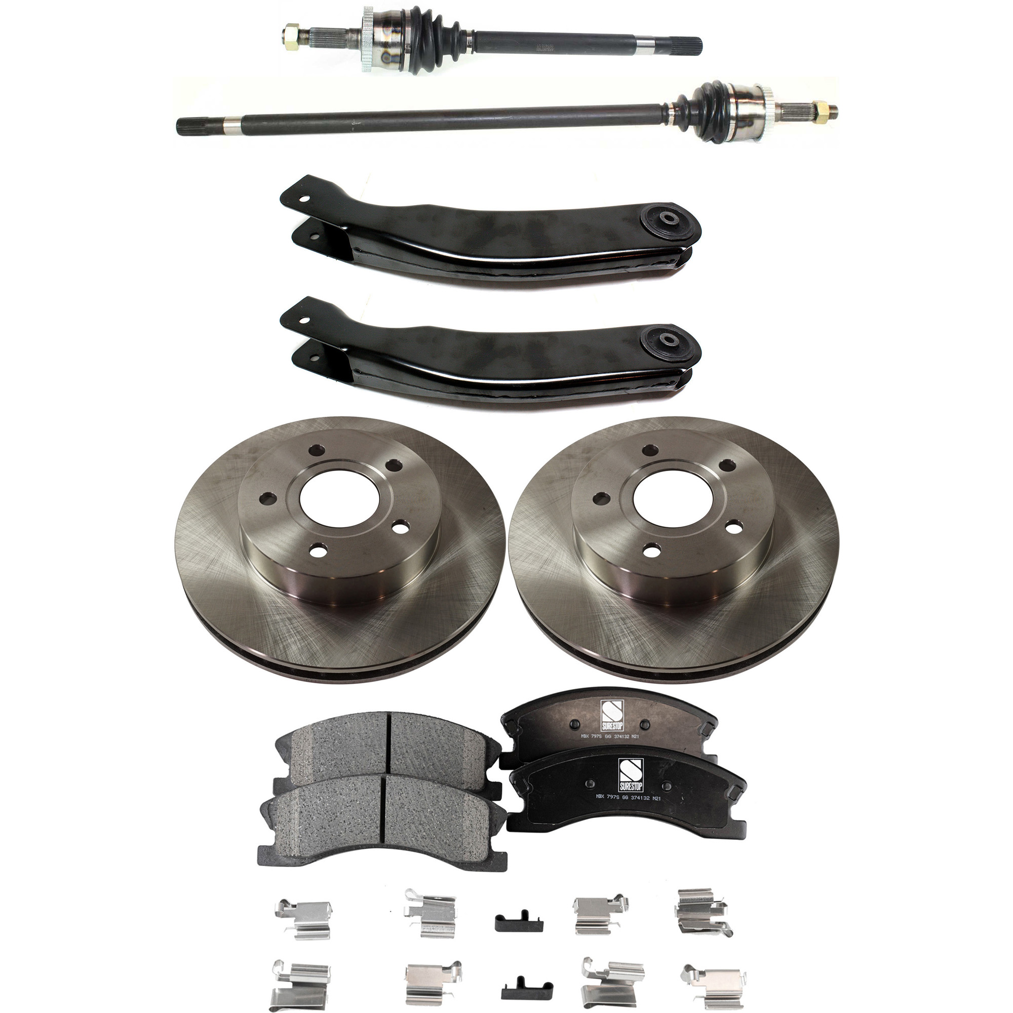 AM GRAND CHEROKEE 99-03 FRONT CV AXLE ASSEMBLY RH AND LH 8 pc kit with Brake Discs Brake Pad Set and Control Arms SKU KIT 050222-035 OEM 52098672-5093183AA 5093183AB 5