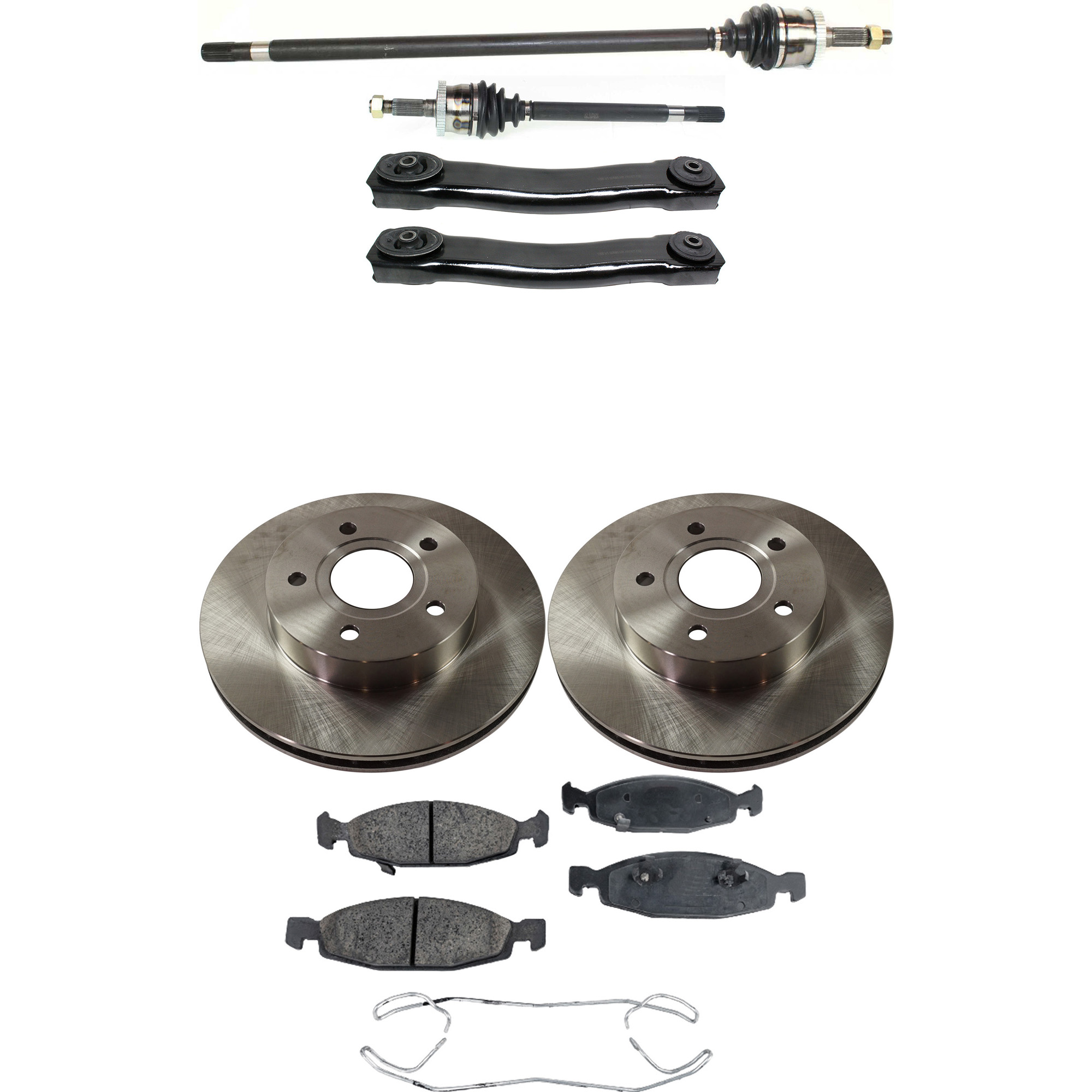 AM GRAND CHEROKEE 99-02 FRONT CV AXLE ASSEMBLY RH AND LH 7 pc Kit with Brake Discs Brake Pad Set and Control Arms SKU KIT 050222-060 OEM 52098672-5011969AA 5018592AA 5