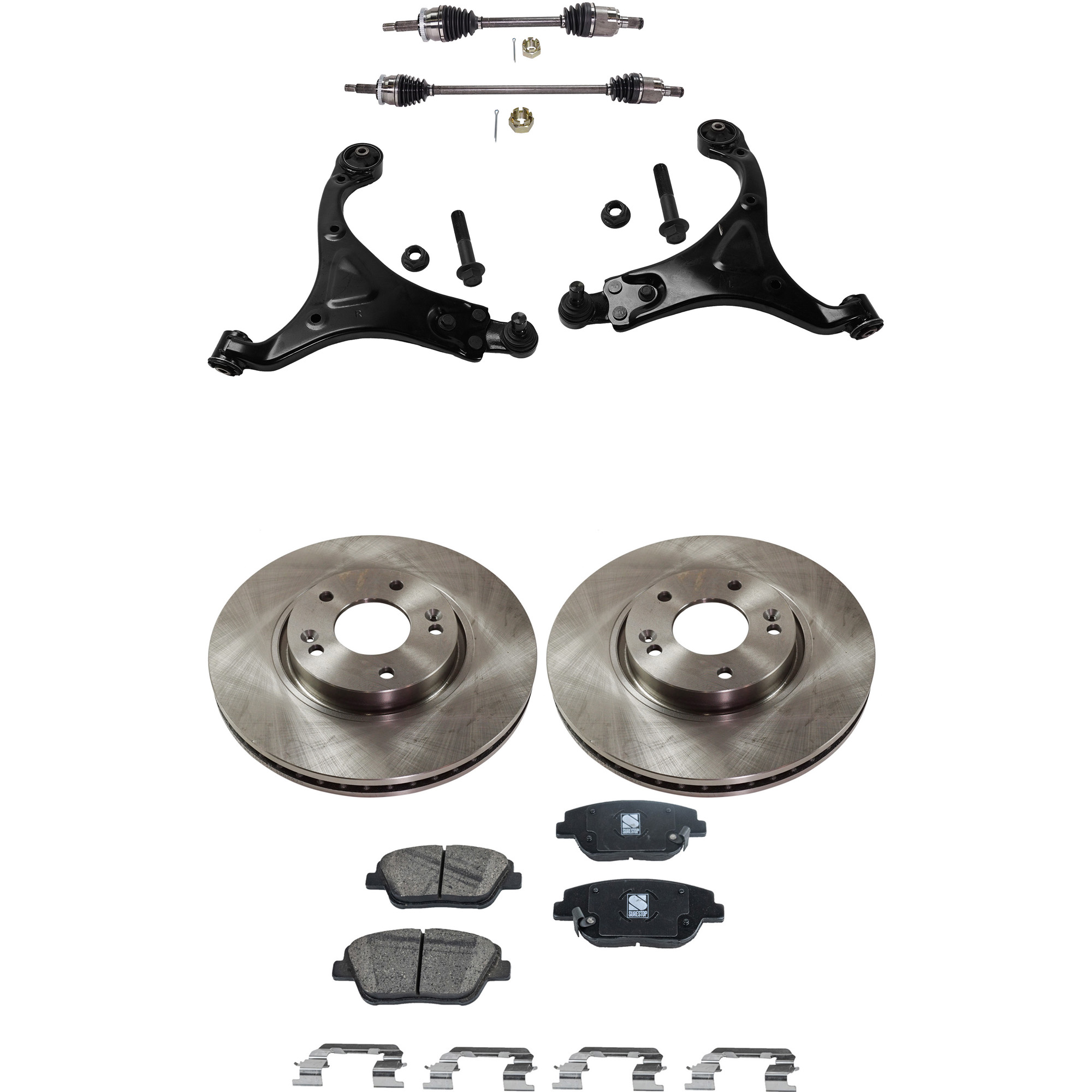 AM SONATA 11-14 FRONT CV AXLE ASSEMBLY RH AND LH 8 pc kit with Brake Discs Brake Pad Set and Control Arms SKU KIT 050222-073 OEM 517123K100-581013QA10-581013QA