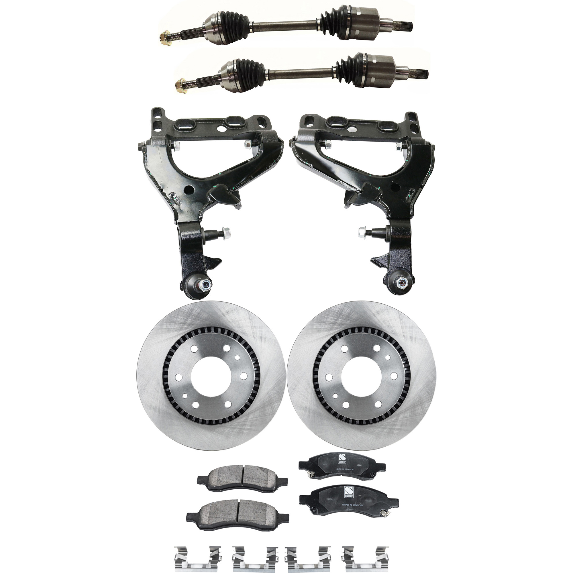 AM ASCENDER 07-08 ENVOY RAINIER 06-07 FRONT CONTROL ARM KIT RH AND LH Lower 7 pc Kit with Axle Assemblies Brake Discs and Brake Pad Set SKU KIT 050222-081 OEM 26079789-8260797890-21998532-1