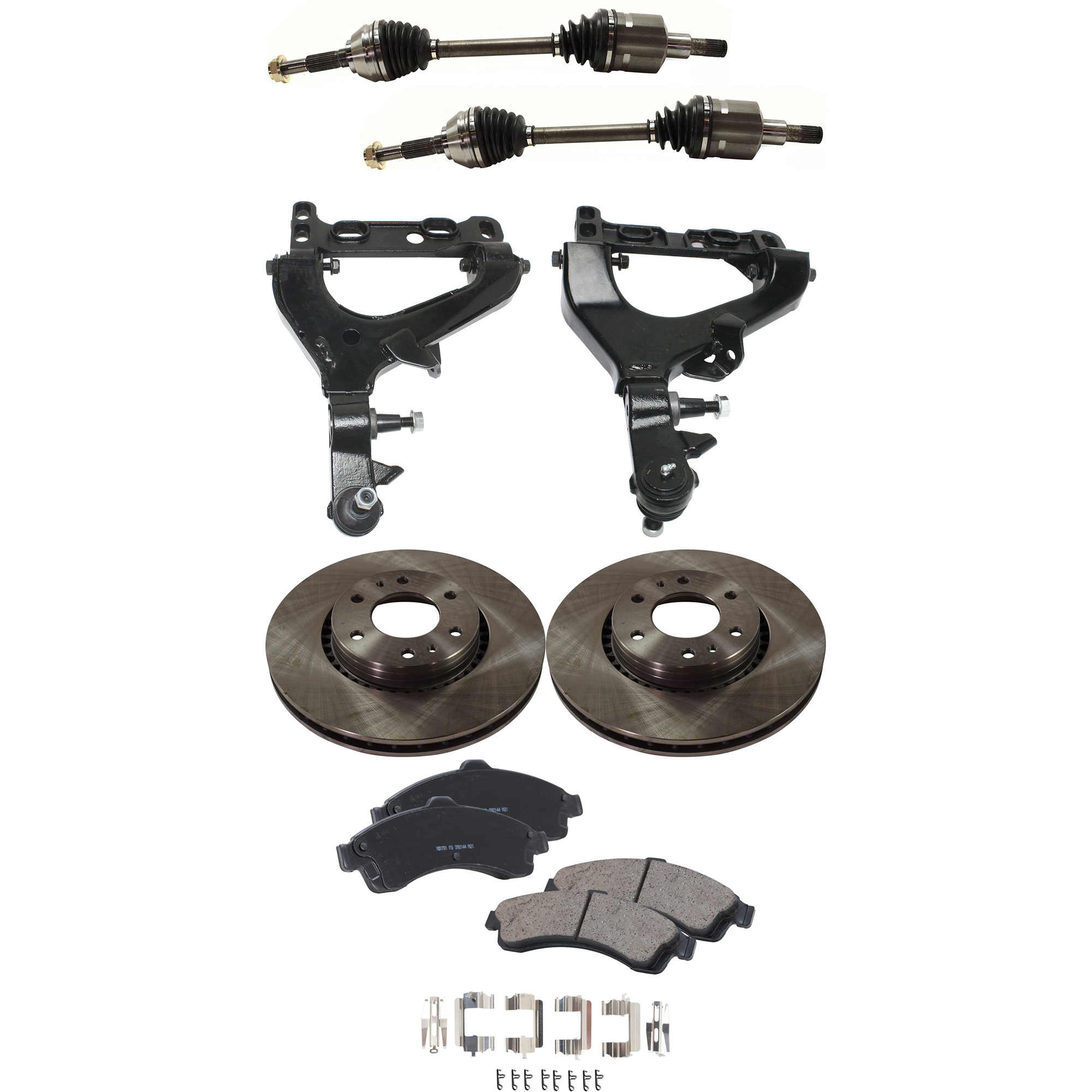 AM ASCENDER 03-03 ENVOY XL TRAILBLAZER EXT 02-03 FRONT CONTROL ARM KIT RH AND LH Lower 7 pc Kit with Axle Assemblies Brake Discs and Brake Pad Set SKU KIT 050222-085 OEM 26079789-8260797890-18060665-2