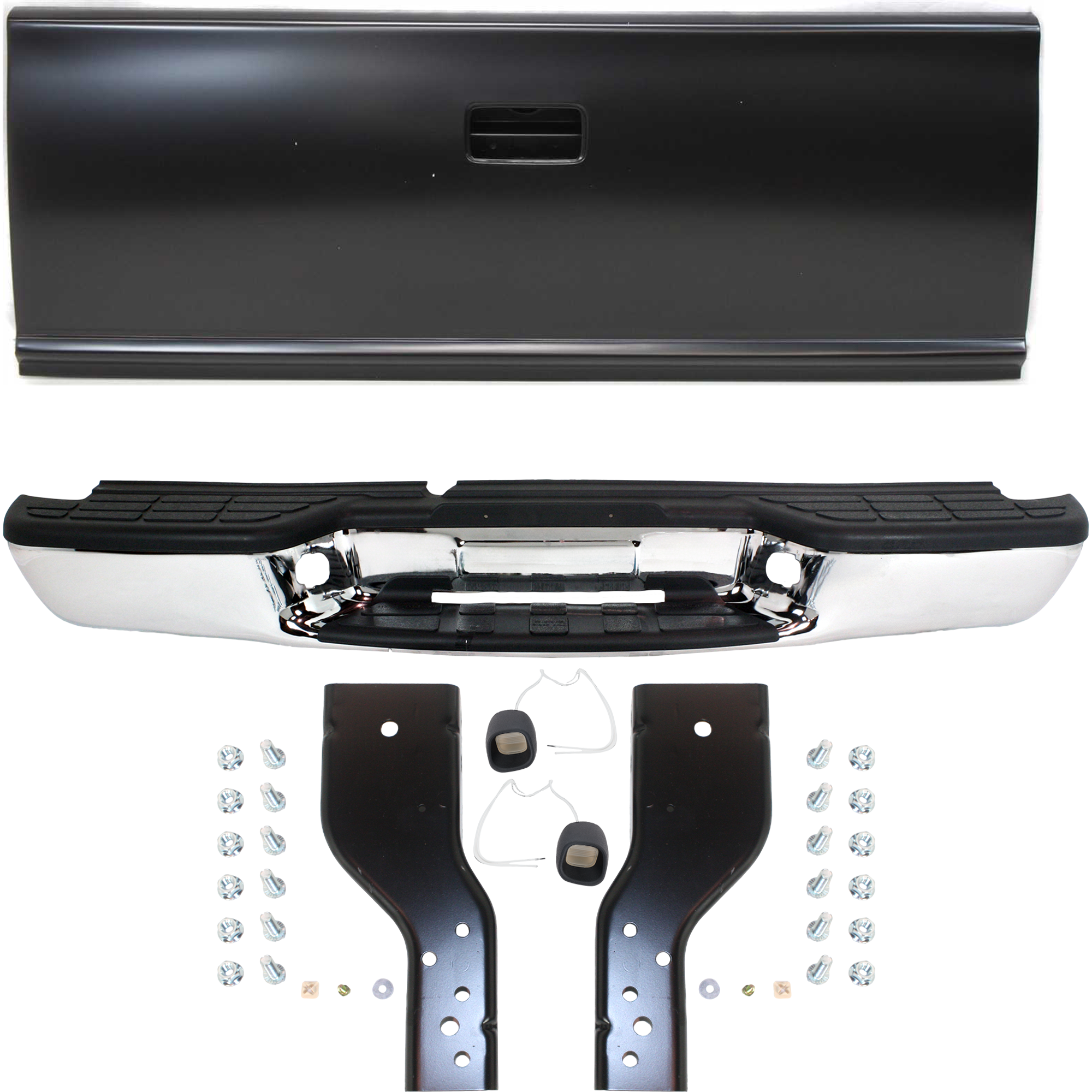 AM S10 SONOMA 98-04 STEP BUMPER FACE BAR AND PAD 2 pc Kit with Pad Provision and without Mounting Bracket Chrome Fleetside with Tailgate SKU KIT 050225-01 Partslink GM1101102 GM1900110 OEM 12343438-12389420