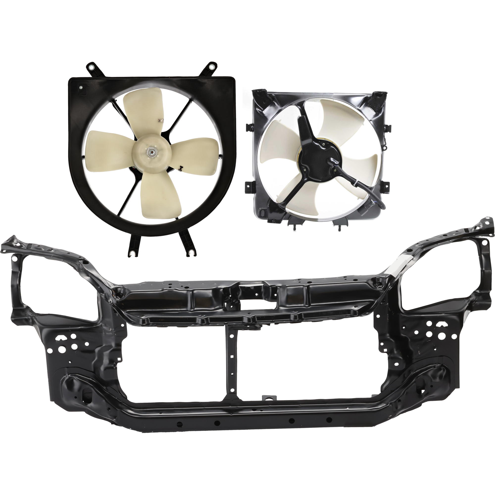 AM CIVIC 92-95 RADIATOR SUPPORT 3 pc Kit Assembly Black Steel with Cooling Fan Assembly SKU KIT 050225-103 Partslink HO1225104 HO3115102 HO3113103 OEM 60400SR3A00ZZ 19015P08013 PFM