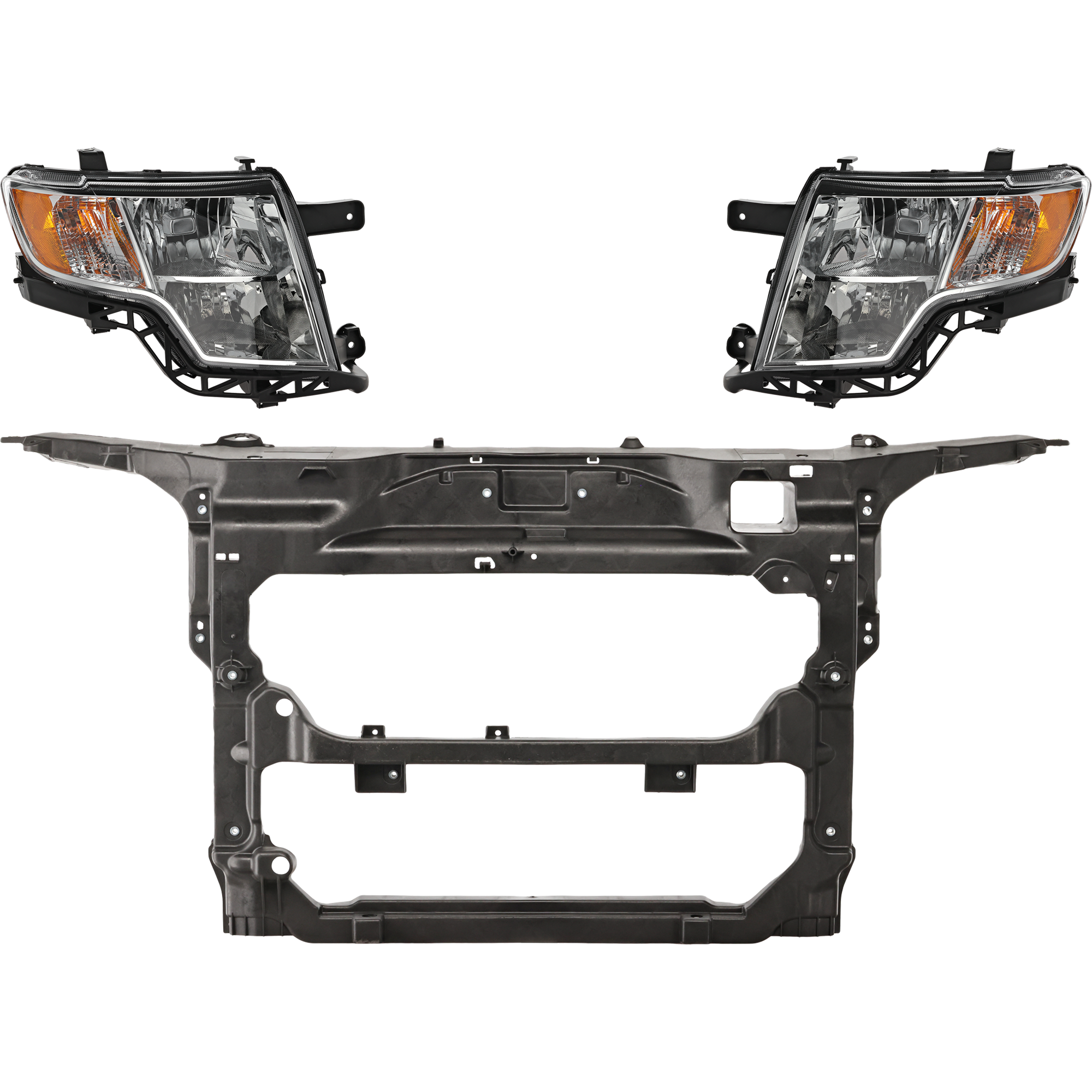 AM EDGE 07-10 RADIATOR SUPPORT 3 pc Kit Assembly Black Plastic Sport Utility with Headlight SKU KIT 050225-104 Partslink FO1225189 FO2502228 FO2503228 OEM 7T4Z16138B 7T4Z13008B 7T4Z1300