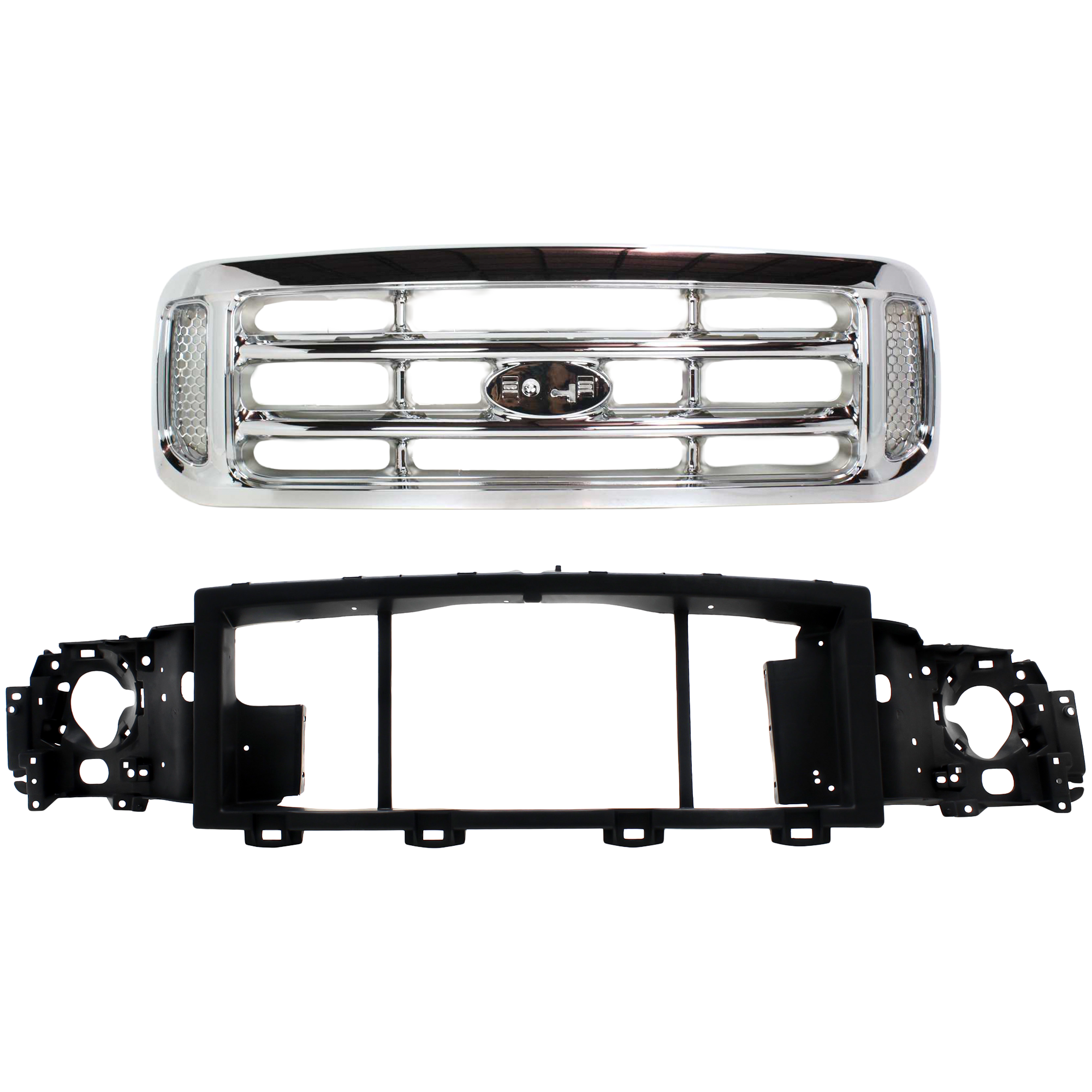 AM F 450 SUPER DUTY F 550 SUPER DUTY 99-04 GRILLE Cross Bar Insert 2 pc Kit Chrome Plastic Chrome Shell and Insert with Header Panel SKU KIT 050225-158 Partslink FO1200417 FO1221115 OEM F81Z8200 F81Z8A284AA