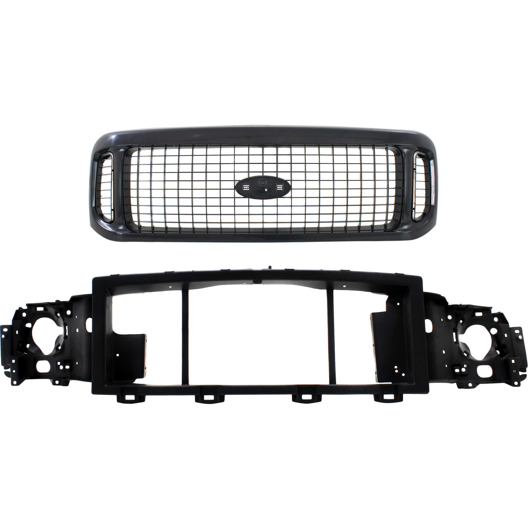 AM EXCURSION 00-04 GRILLE 2 pc Kit Painted Black Shell Painted Dark Gray Insert with Header Panel SKU KIT 050225-159 Partslink FO1200449 FO1221115 OEM 1C7Z8200BAA F81Z8A284AA