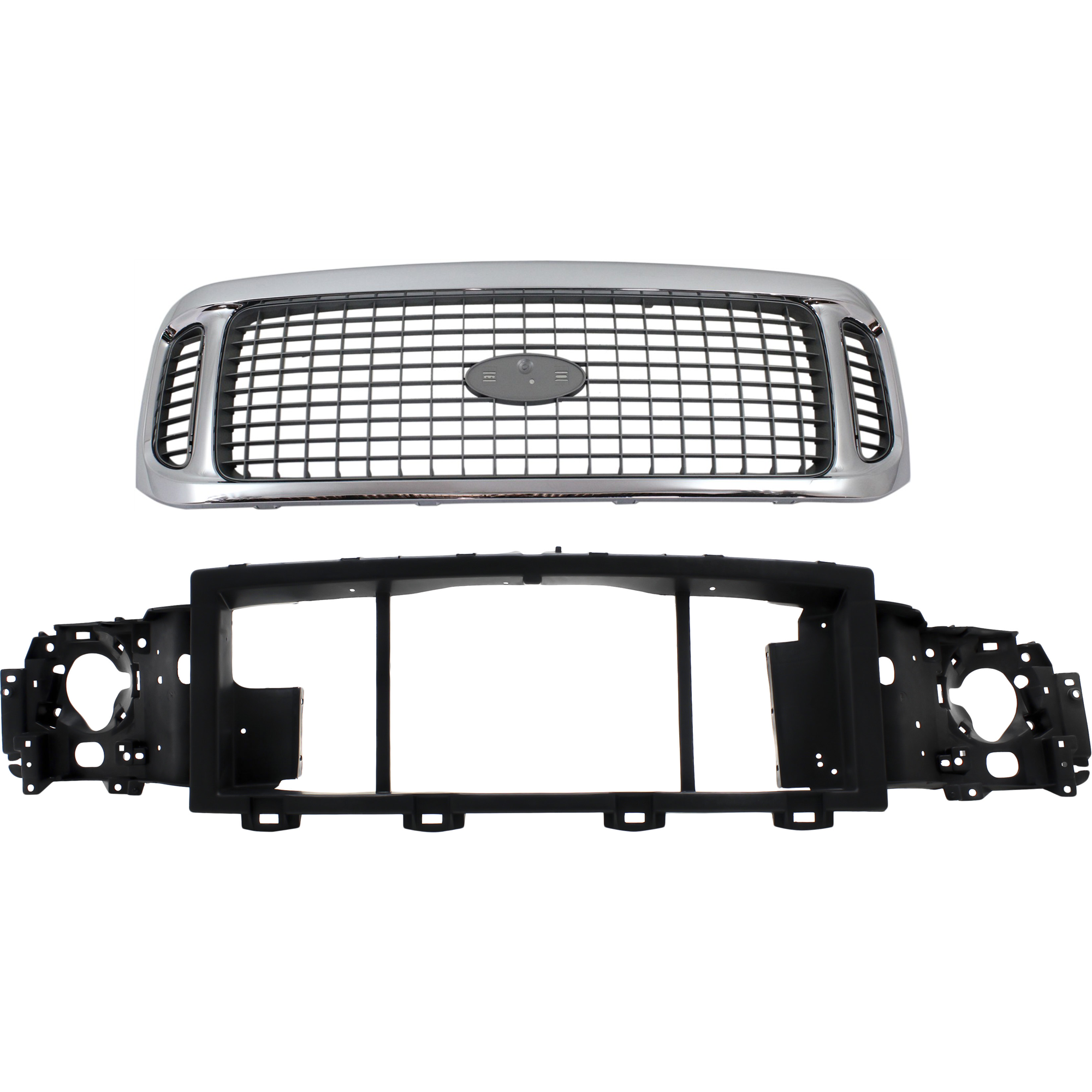 AM EXCURSION 00-04 GRILLE 2 pc Kit Chrome Shell Charcoal Insert with Header Panel SKU KIT 050225-160 Partslink FO1200448 FO1221115 OEM 1C7Z8200AAA F81Z8A284AA