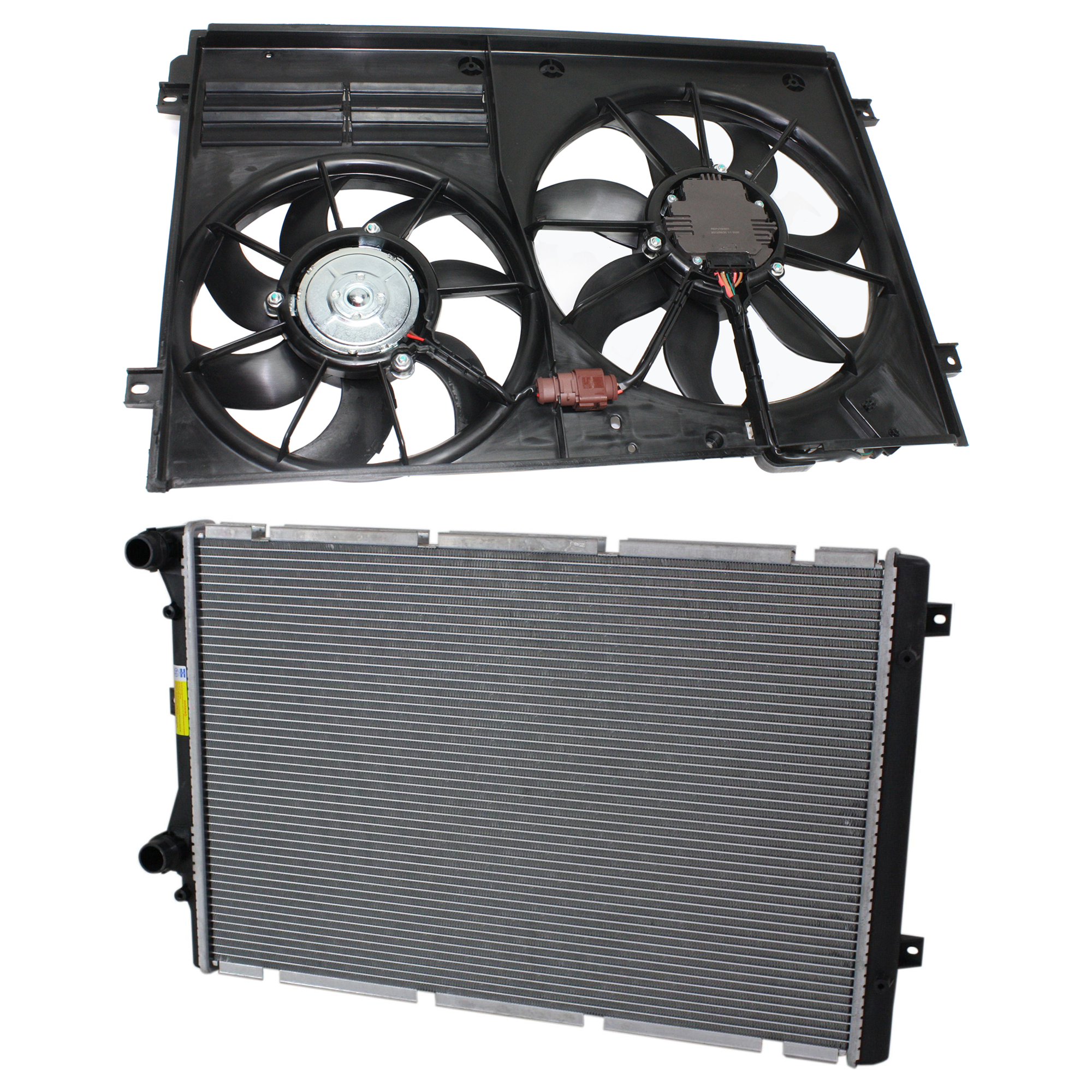 AM GTI 10-14 A3-09-13 RADIATOR FAN ASSEMBLY 2 pc Kit Dual Fan with Louver Type and Radiator SKU KIT 050225-169 Partslink VW3117106 VW3010159 OEM 1K0121205AJ PFM 1K0959455ET 1K