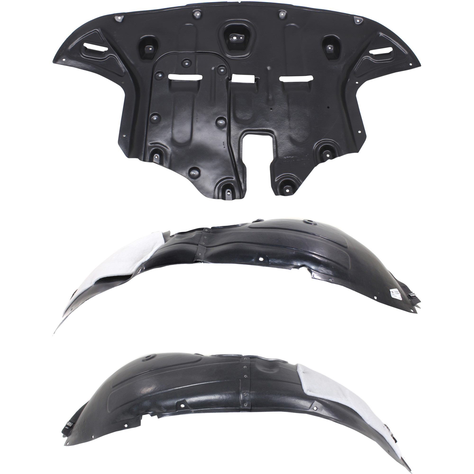 AM TUCSON 16-18 ENGINE SPLASH SHIELD 3 pc Kit Under Cover Front Non Ulsan Plant 2 with Fender Liner SKU KIT 050225-176 Partslink HY1228190 HY1248156 HY1249156 OEM 29110D3600 PFM 86811D3000-8681