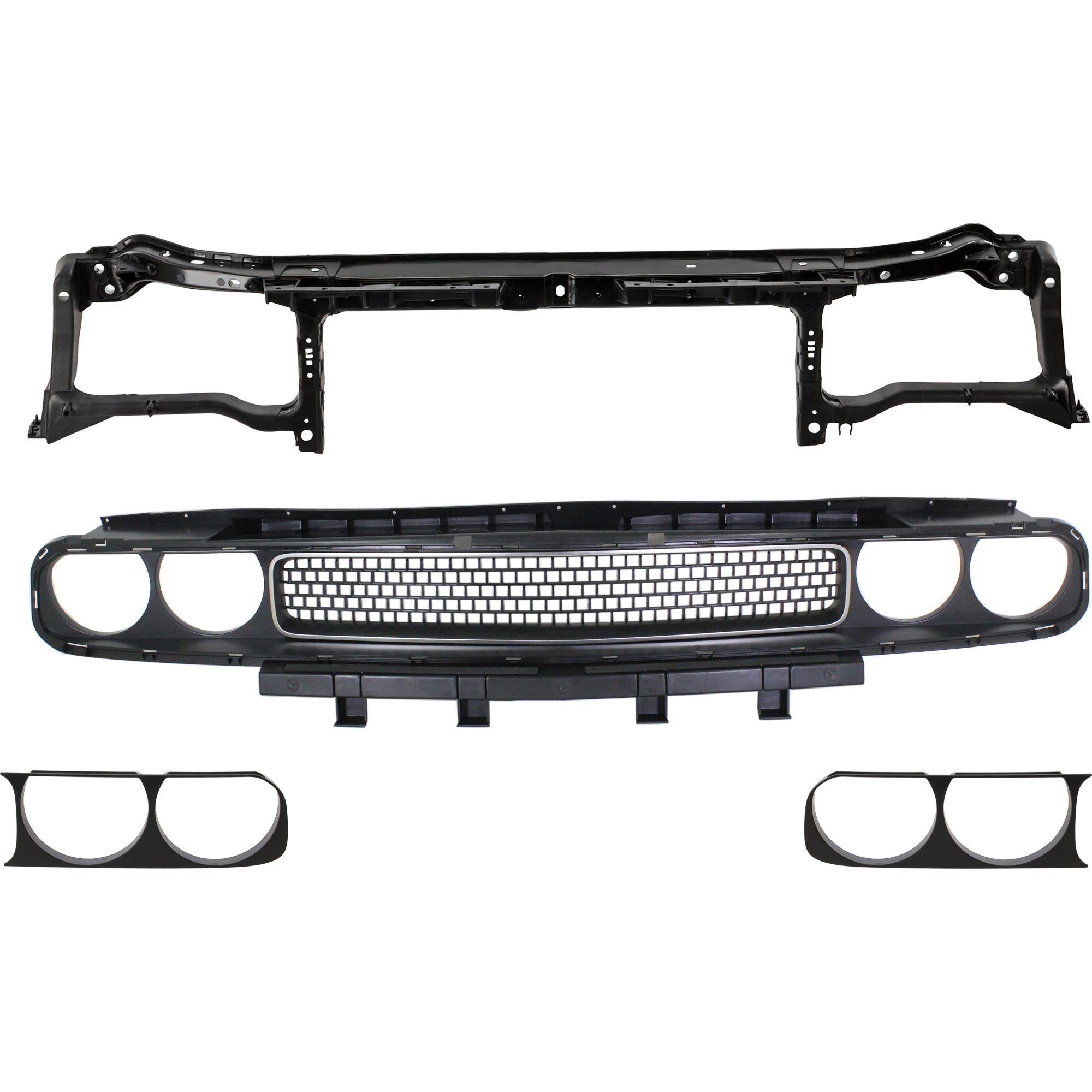 AM CHALLENGER 08-14 RADIATOR SUPPORT 4 pc Kit Crossmember Tie Bar Plastic with Steel with Grille Assembly and Headlight Bezel SKU KIT 050225-186 Partslink CH1225268 CH1200338 CH2510100 CH2511100 OEM 5028743AE 68043388AB 68051527A