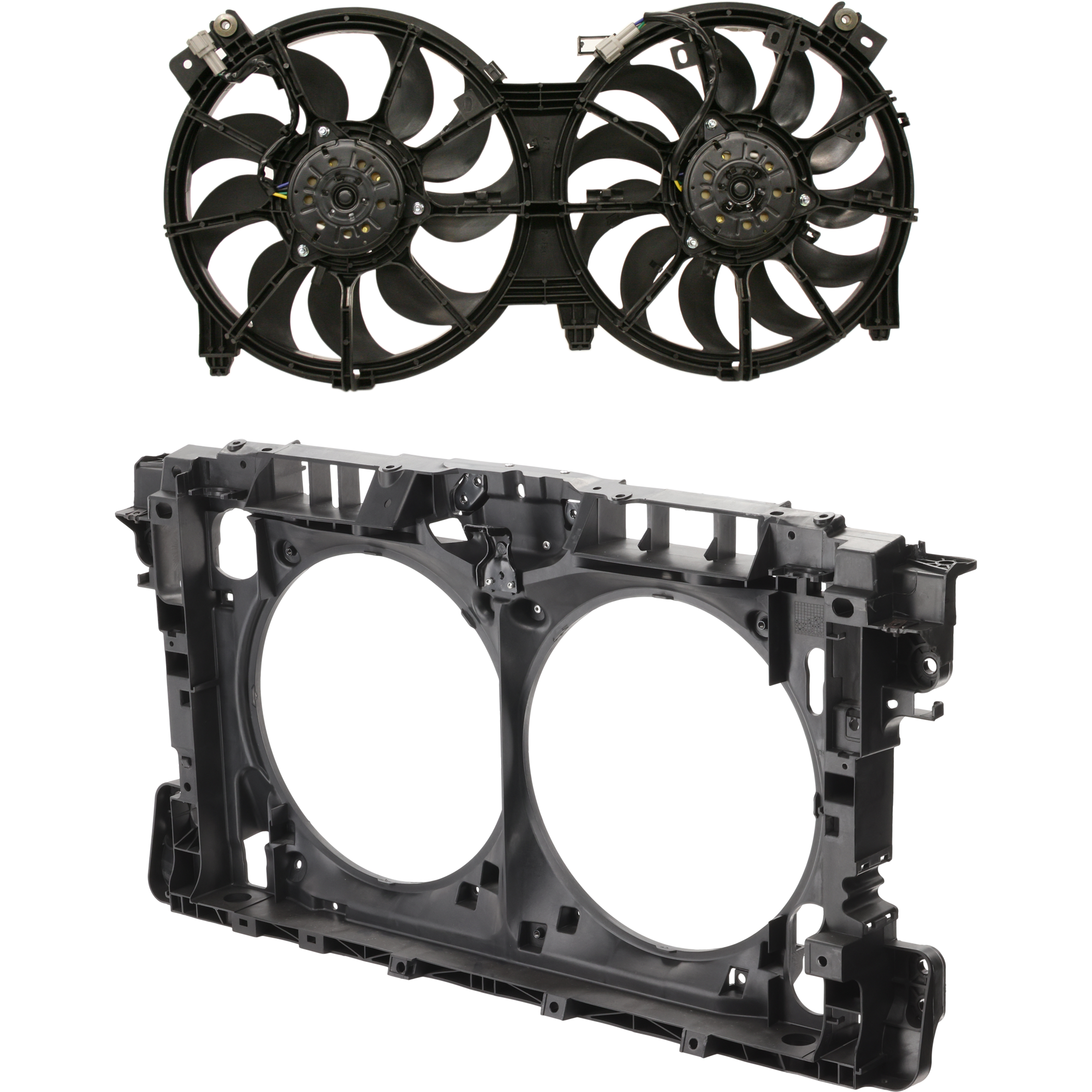 AM MAXIMA 16-23 ALTIMA 13-18 RADIATOR FAN ASSEMBLY 2 pc Kit Dual Fan with Radiator Support SKU KIT 050225-27 Partslink NI3115134 NI1225207 OEM 21481JA100-214813NT0B 625003TA