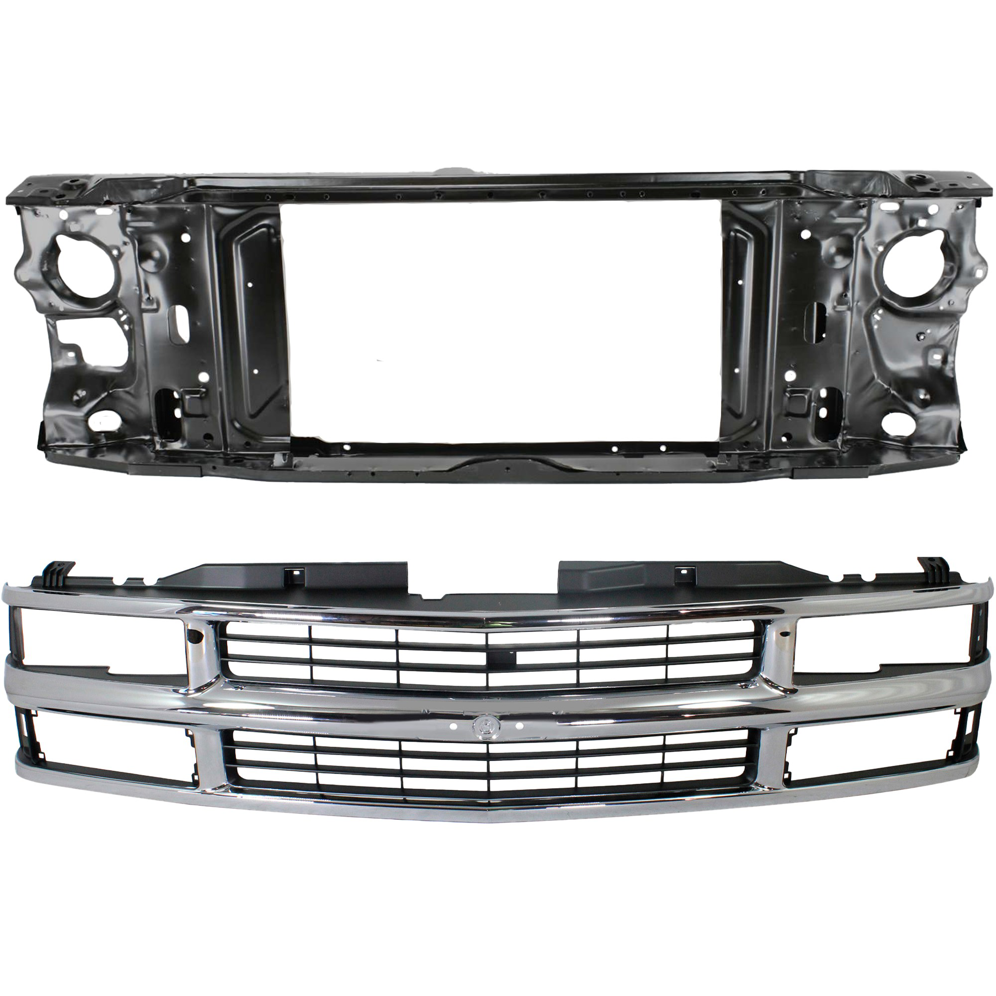 AM K2500 K3500-94-00 GRILLE 2 pc Kit Chrome Shell with Painted Black Insert Cross Bar with Dual Beam Headlamp and Radiator Support SKU KIT 050225-32 Partslink GM1200238 GM1225110 OEM 15981106-15149285-15149287