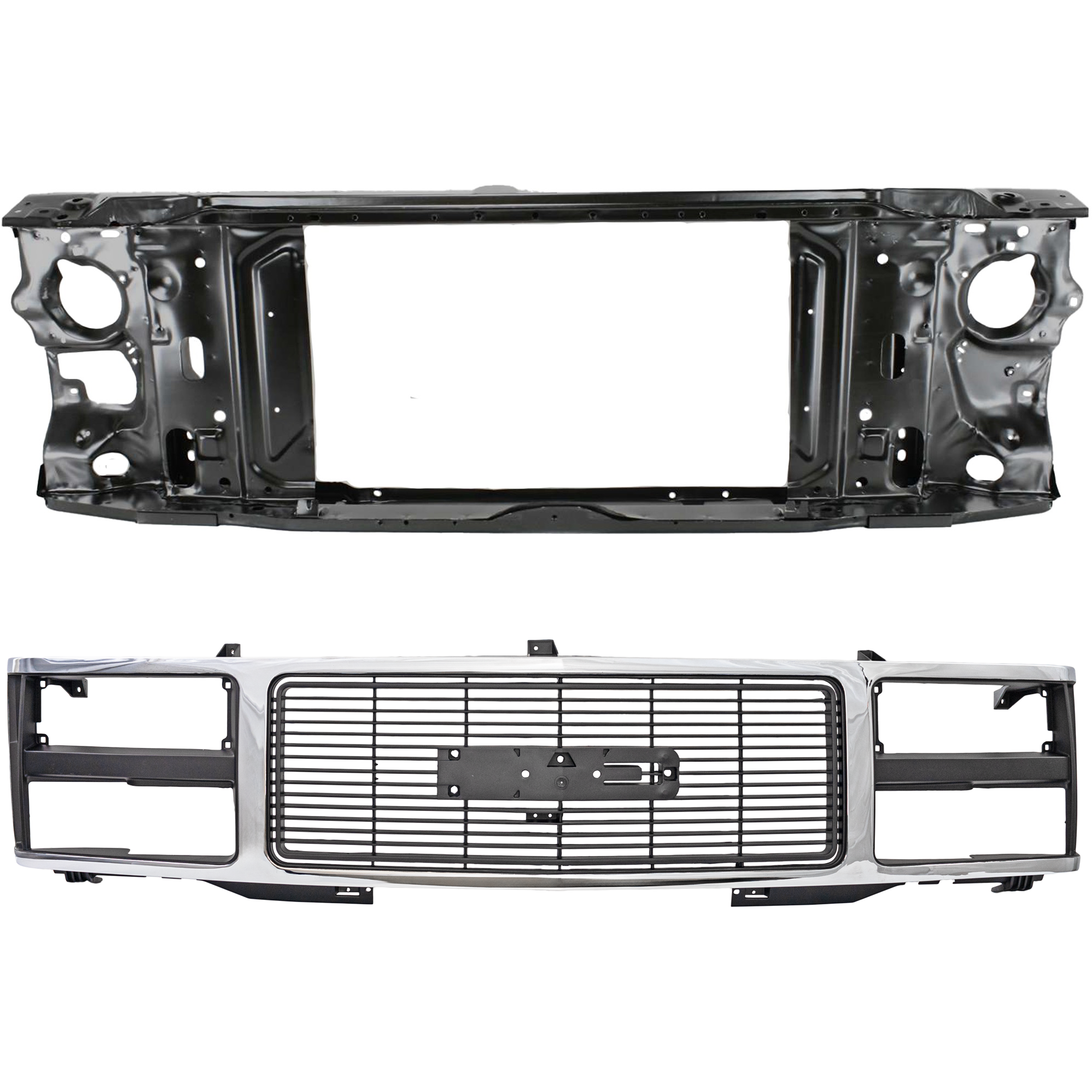 AM C1500 K1500-88-93 GRILLE 2 pc Kit Chrome Shell with Black Insert with Quad or Composite Headlights Provision Emblem Provision and Radiator Support SKU KIT 050225-36 Partslink GM1200229 GM1225110 OEM 15615109-15149285-15149287