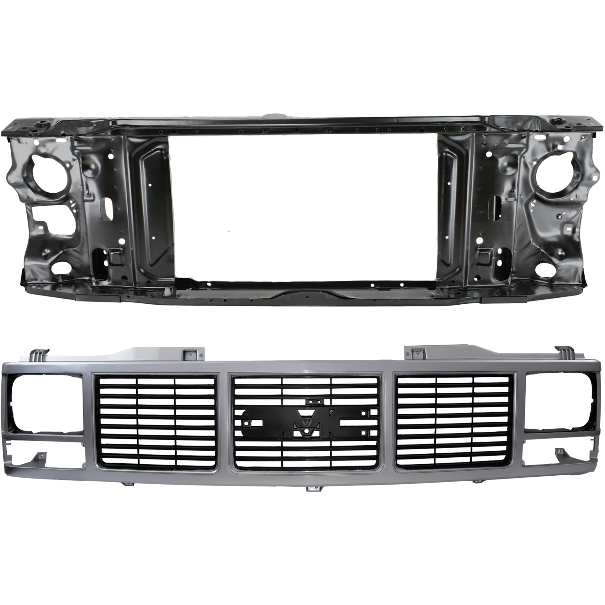 AM C1500 K1500-88-93 RADIATOR SUPPORT 2 pc Kit Assembly Primed Steel Standard Cab Pickup with Grille Assembly SKU KIT 050225-38 Partslink GM1225110 GM1200325 OEM 15149285-15149287-15590613