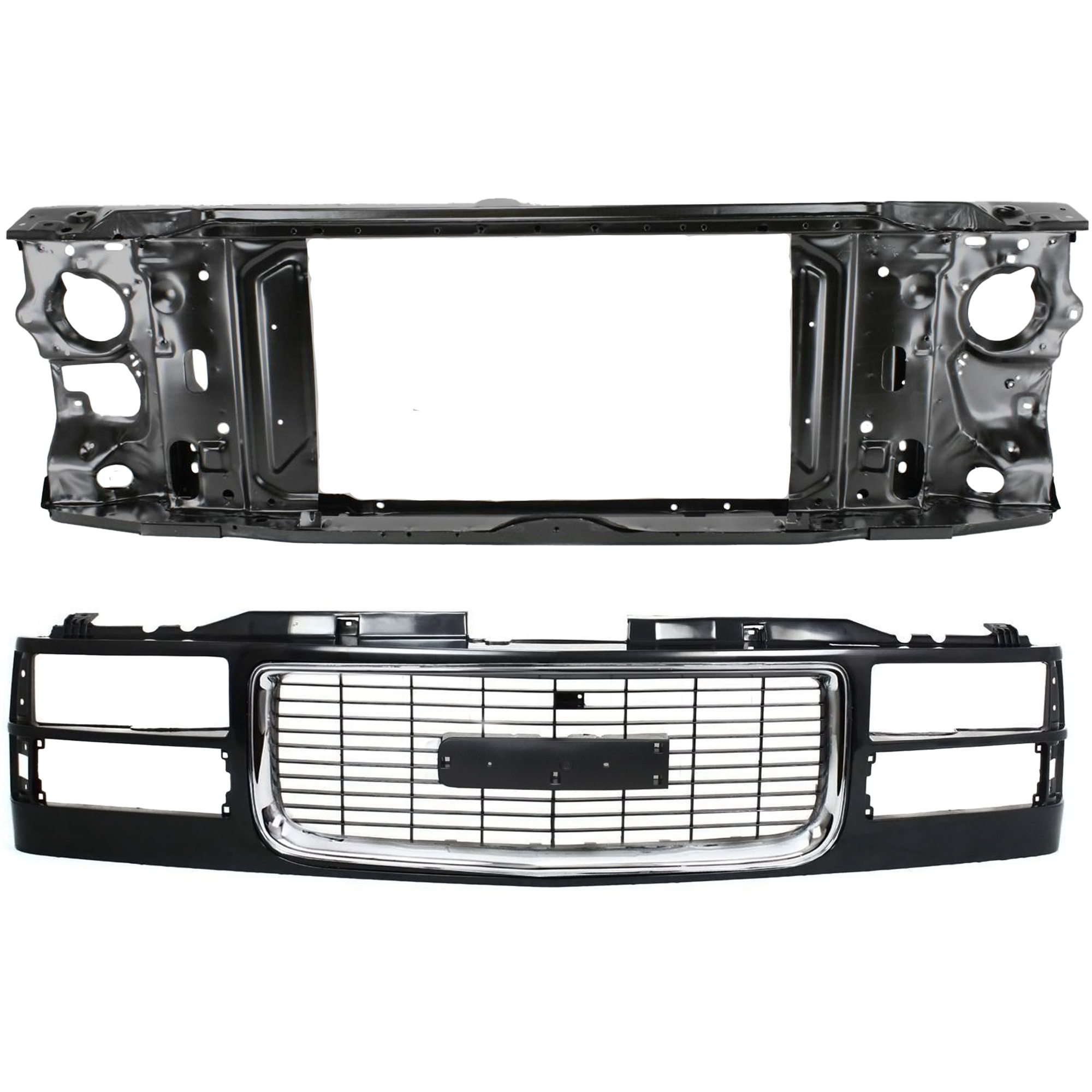 AM K2500 K3500-94-00 RADIATOR SUPPORT 2 pc Kit Assembly Primed Steel Standard Cab Pickup with Grille Assembly SKU KIT 050225-40 Partslink GM1225110 GM1200392 OEM 15149285-15149287-12388709