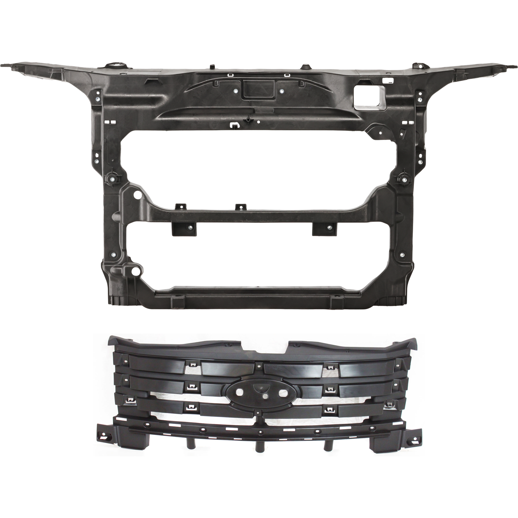 AM EDGE 07-10 RADIATOR SUPPORT 2 pc Kit Assembly Black Plastic with Grille Reinforcement SKU KIT 050225-56 Partslink FO1225189 FO1220241 OEM 7T4Z16138B 7T4Z8A284A