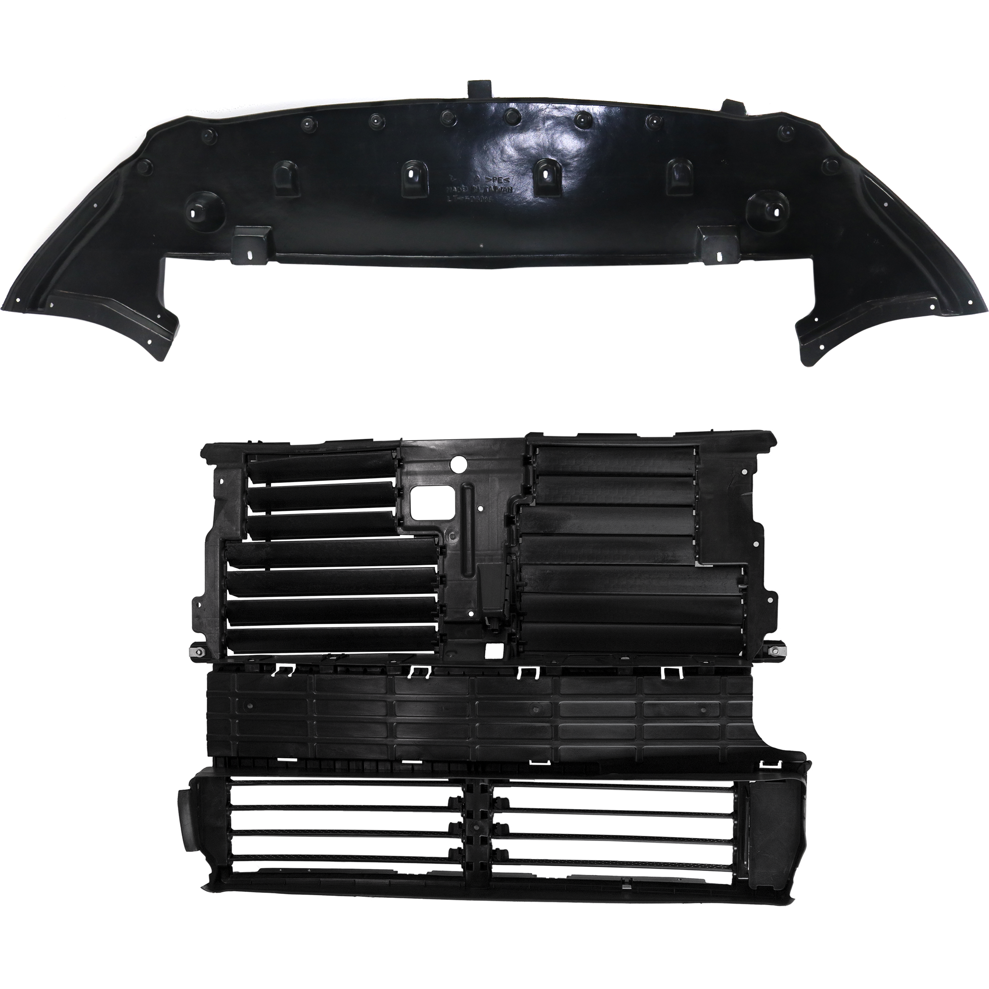 AM EDGE 15-18 ACTIVE GRILLE SHUTTER Upper 2 pc Kit Matte Black with Actuator Motor and Engine Splash Shield SKU KIT 050225-58 Partslink FO1206106 FO1228159 OEM FT4Z8475A FT4Z8310D