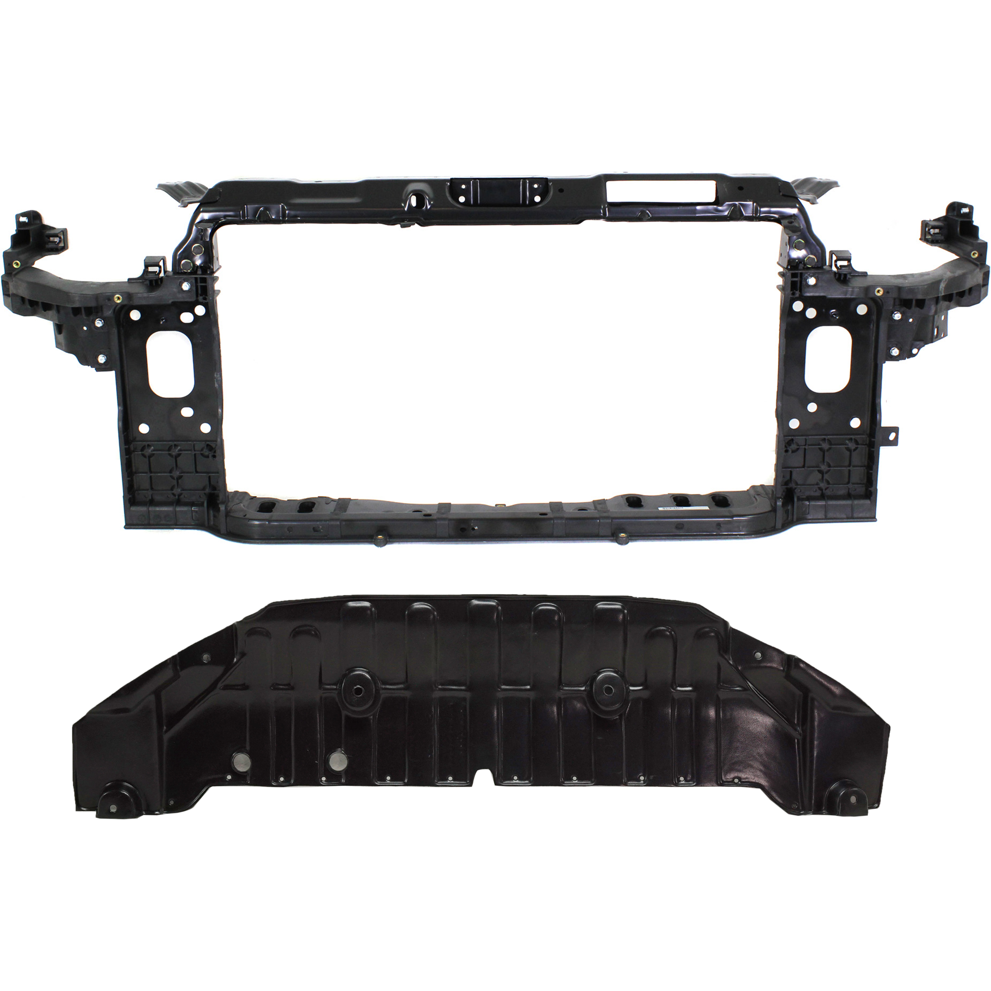 AM ELANTRA 11-13 RADIATOR SUPPORT 2 pc Kit Assembly Plastic Sedan Korea Built Vehicle with Engine Splash Shield SKU KIT 050225-60 Partslink HY1225169 HY1228166 OEM 641013X002-291103X000