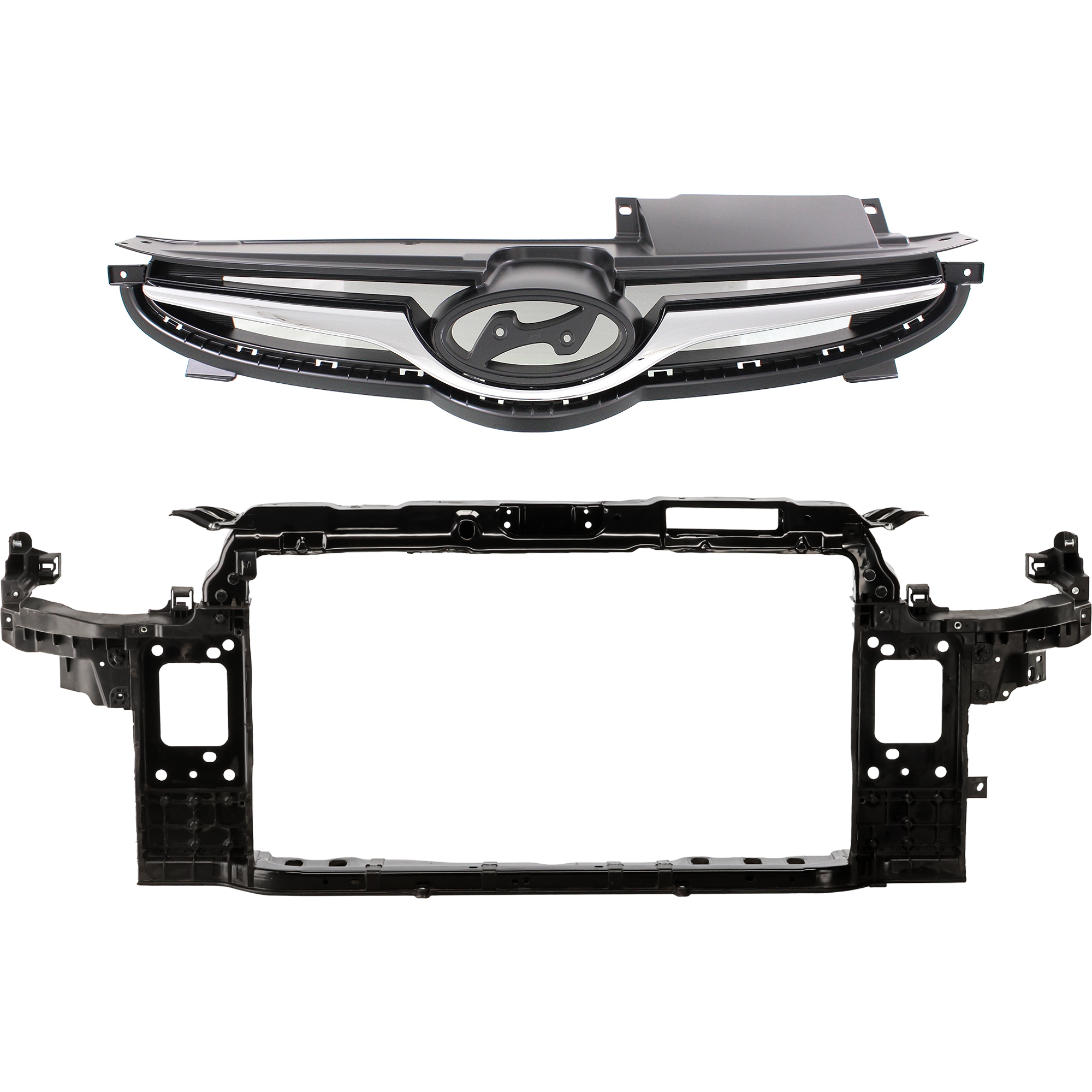 AM ELANTRA 14-15 RADIATOR SUPPORT 2 pc Kit Assembly Plastic with Steel Korea Built Vehicle with Grille Assembly SKU KIT 050225-63 Partslink HY1225180 HY1200173 OEM 641013X003-863503X700