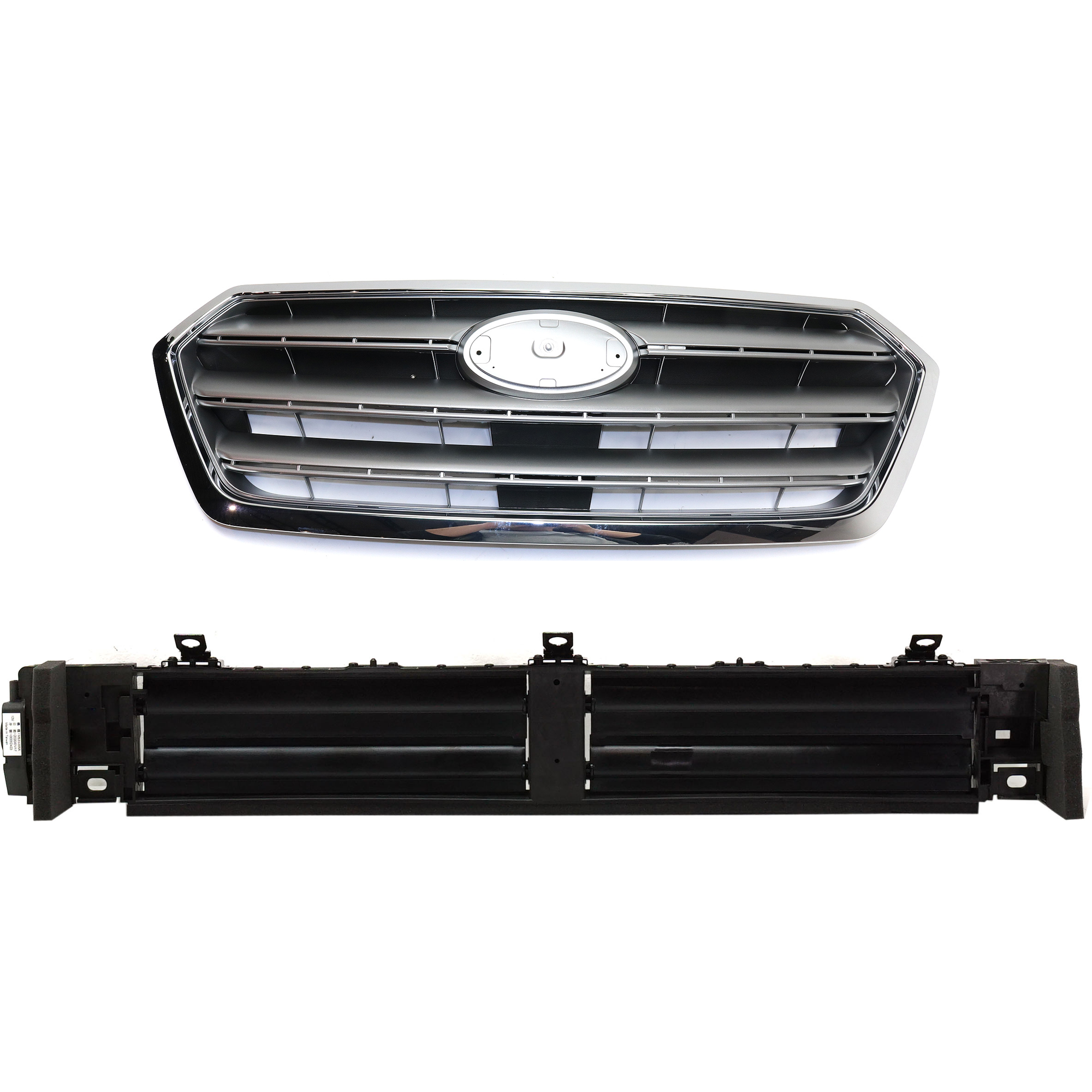 AM LEGACY 15-17 GRILLE 2 pc Kit Painted Silver Shell with Gray Insert with Chrome Trim and Active Grille Shutter SKU KIT 050225-73 Partslink SU1200162 SU1206100 OEM 91121AL00A 52811AL00B