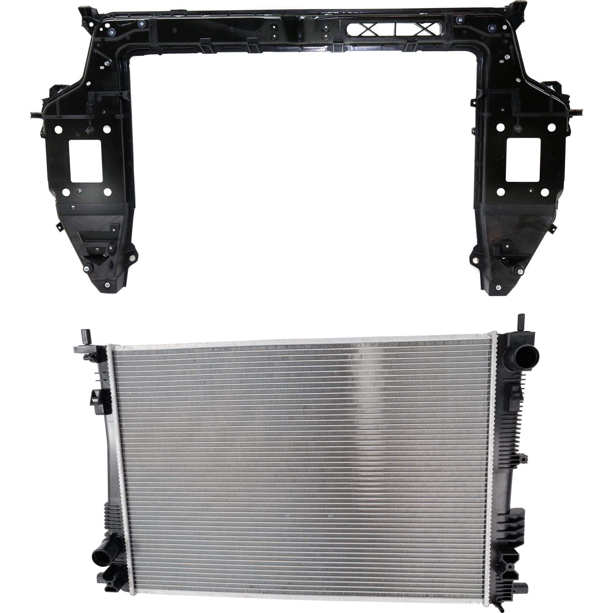 AM PACIFICA 17-24 VOYAGER 20-22 RADIATOR SUPPORT 2 pc Kit Plastic with Steel with Radiator SKU KIT 050225-80 Partslink CH1225287 CH3010380 OEM 68292241AB 68217318AC 68595954