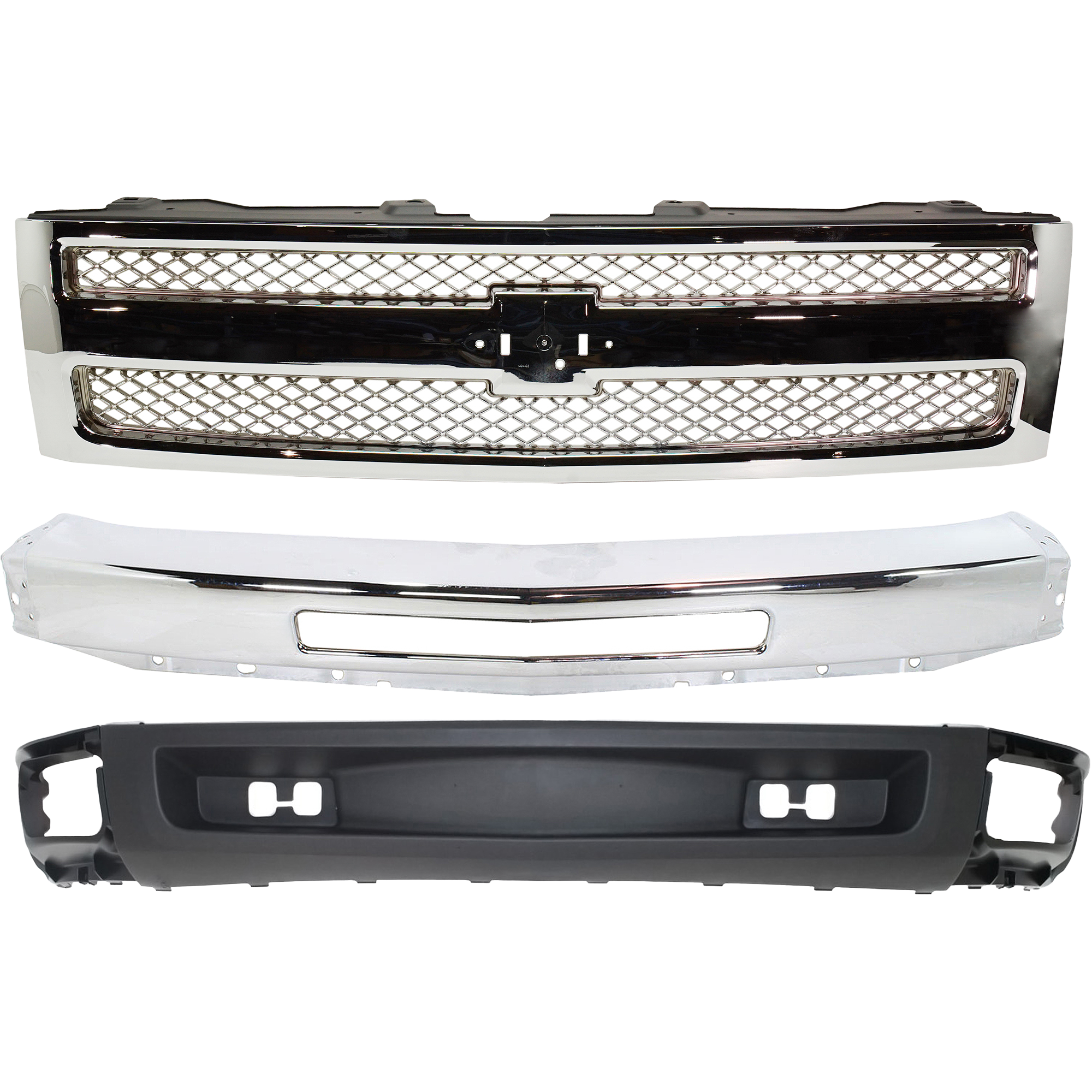 AM SILVERADO 1500-09-13 GRILLE 3 pc Kit w o Tow Hook Holes with Bumper and Lower Air Deflector SKU KIT 050317-08 Partslink GM1200655 GM1002831 GM1092192 OEM 22849840-15941850-15915504