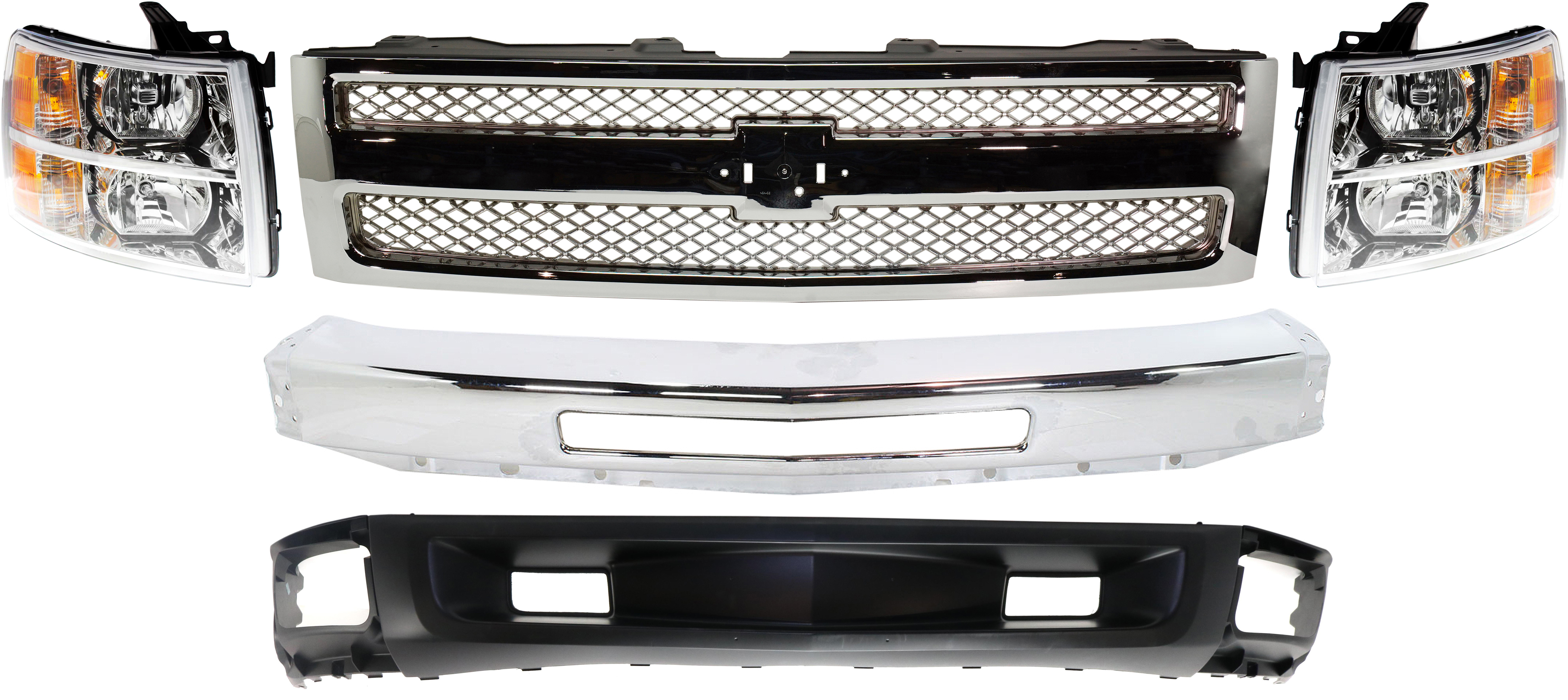 AM SILVERADO 1500-09-13 GRILLE 5 pc Kit w Tow Hook Holes with Bumper Headlights and Lower Air Deflector SKU KIT 050317-60 Partslink GM1200655 GM1002831 GM2502280 GM2503280 GM1092246 OEM 22849840-15941850-22853027-228