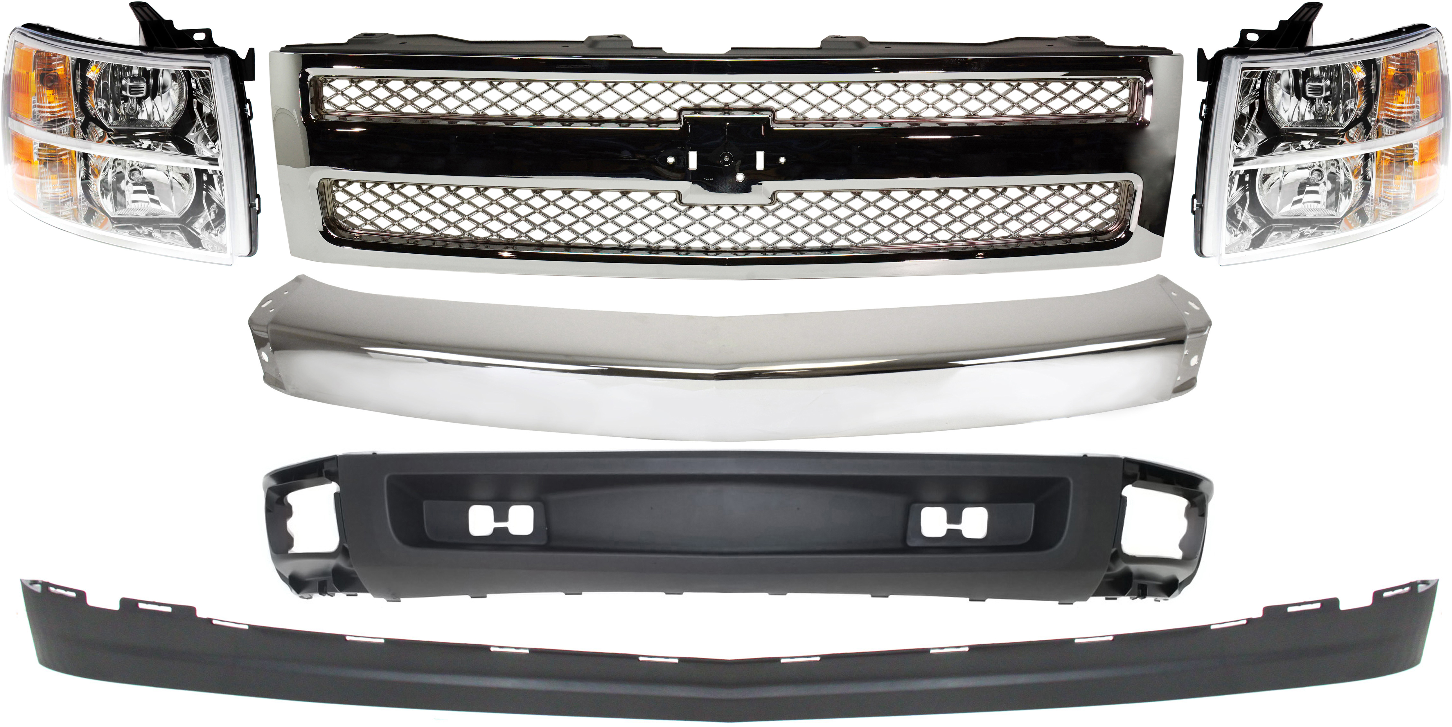 AM SILVERADO 1500-07-08 GRILLE 6 pc Kit with Bumper Headlights Lower Air Deflector and Lower Air Deflector Extension SKU KIT 050317-63 Partslink GM1200655 GM1002830 GM2502280 GM2503280 GM1092192 GM1092191 OEM 22849840-15836961-22853027-228