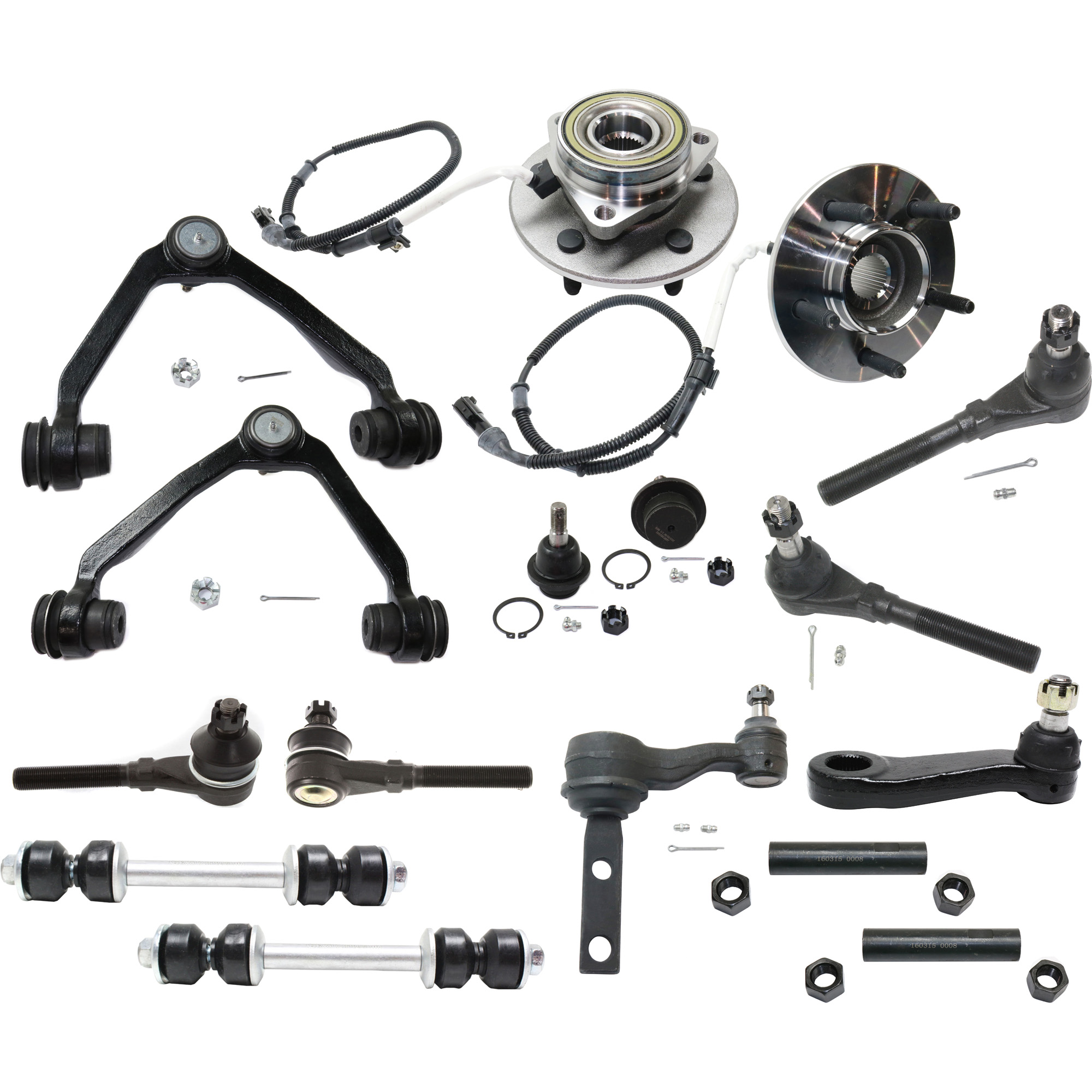AM F 150-00-03 F 150 HERITAGE 04-04 FRONT CONTROL ARM KIT RH AND LH Upper 16 pc Kit with Ball Joints Idler Arm Pitman Arm Sway Bar Links Tie Rod Adjusting Sleeves Tie Rod Ends and Wheel Hubs SKU KIT 050321-05-117 OEM 104222-285019-1016769-2601460