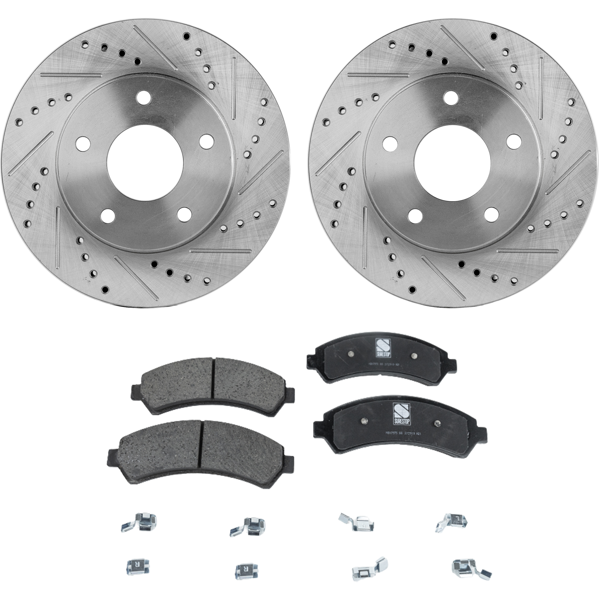 AM BRAVADA 97-01 BLAZER 98-05 FRONT BRAKE DISC AND PAD KIT 4 pc Kit Cross drilled and Slotted SKU KIT 050322-01 OEM 19848-55047-56694-65975-101708