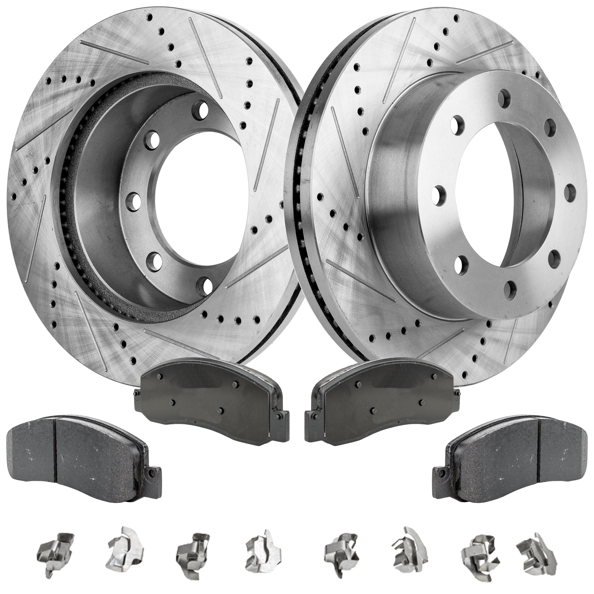 AM F 350 SUPER DUTY 05-07 FRONT BRAKE DISC AND PAD KIT 4 pc kit Cross drilled and Slotted SKU KIT 050323-100 OEM 54135-680339-60054196-54135G 6
