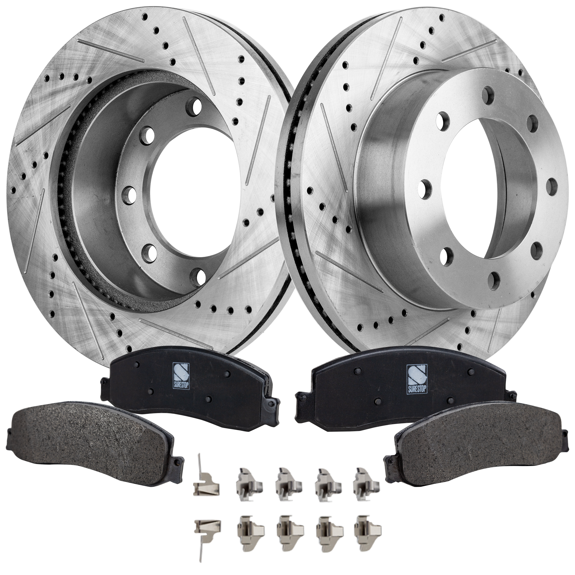 AM F 450 SUPER DUTY 12-12 FRONT BRAKE DISC AND PAD KIT 2 Wheel Set Cross drilled and Slotted SKU KIT 050323-101 OEM 54135-680339-60054196-54135G 6