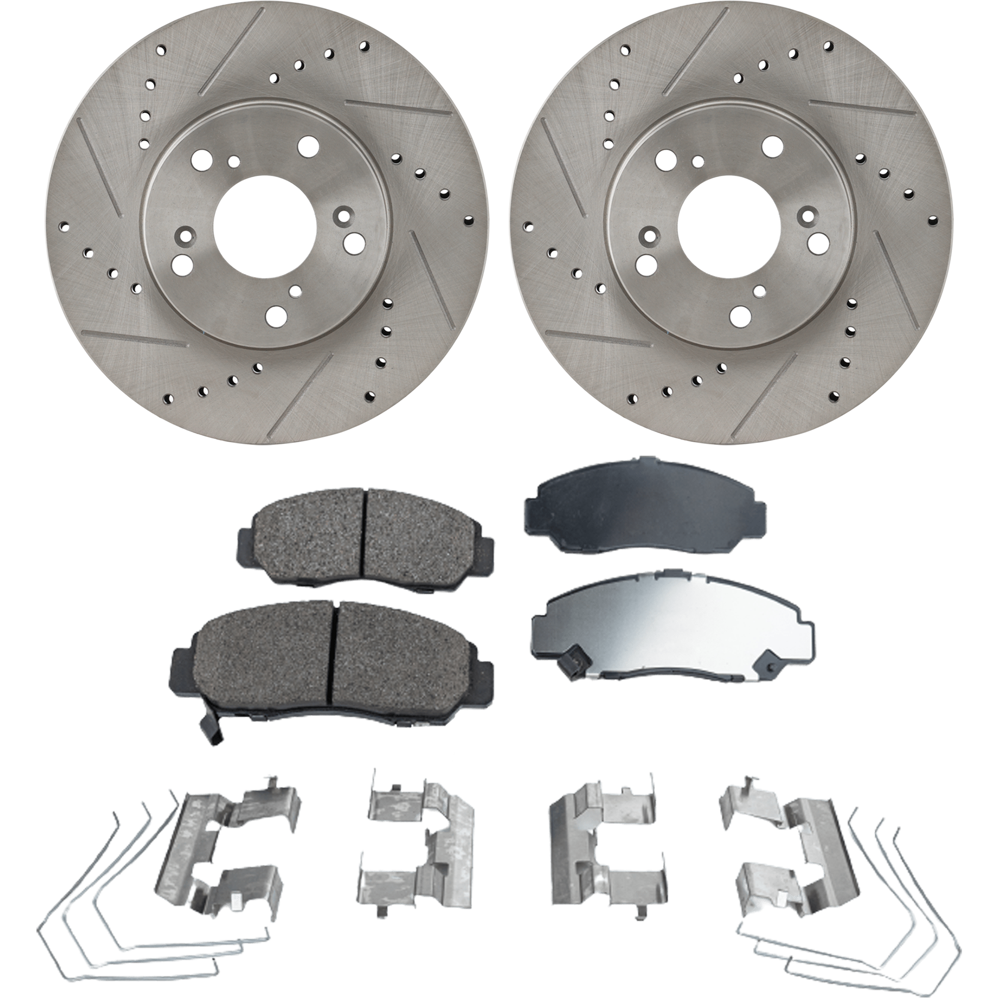 AM CIVIC 14-15 FRONT BRAKE DISC AND PAD KIT 2 Wheel Set Cross drilled and Slotted SKU KIT 050323-102 OEM 19896-31257-31305-44774-96711