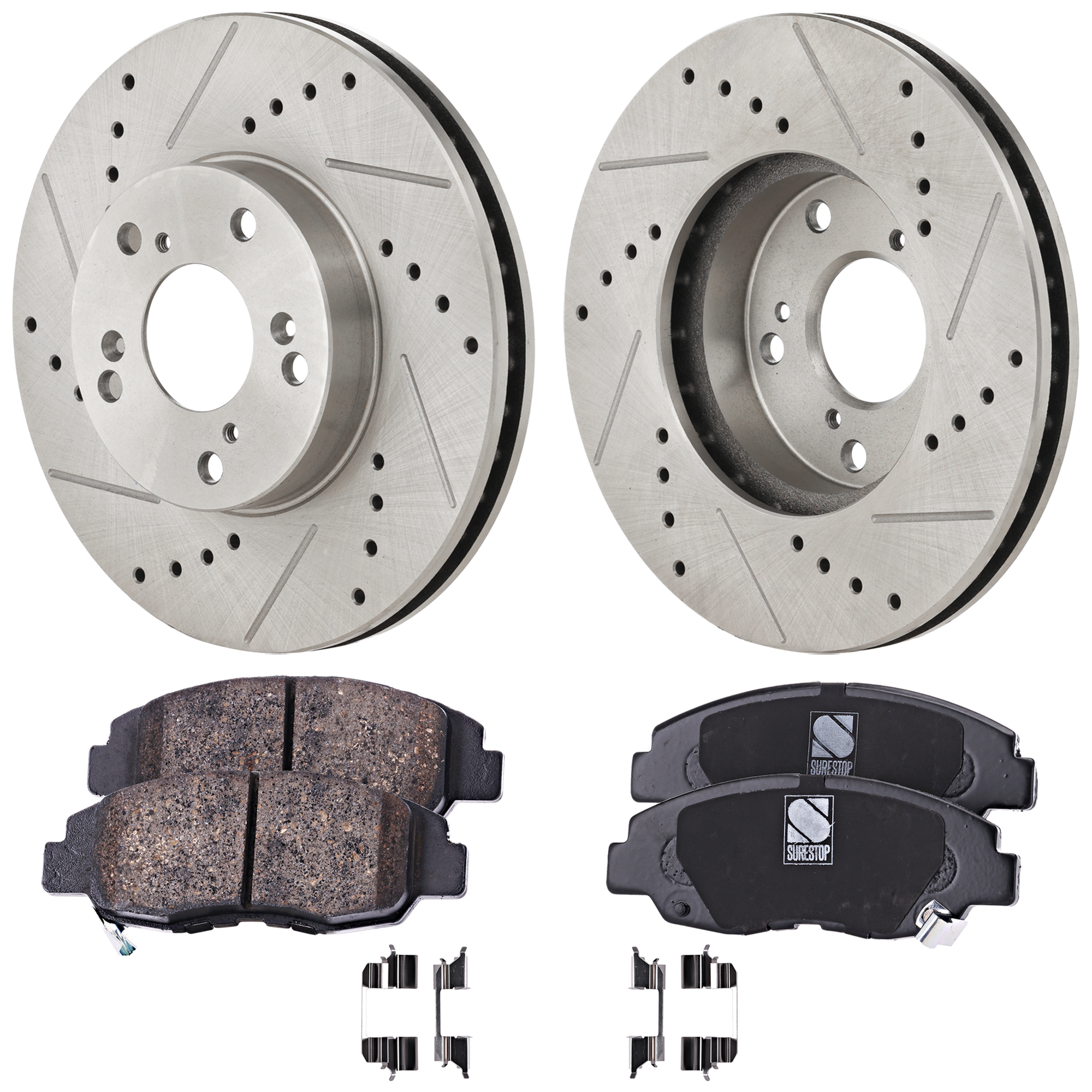 AM ACCORD 98-99 FRONT BRAKE DISC AND PAD KIT 4 pc Kit Cross drilled and Slotted SKU KIT 050323-103 OEM 19896-31257-31305-44774-96