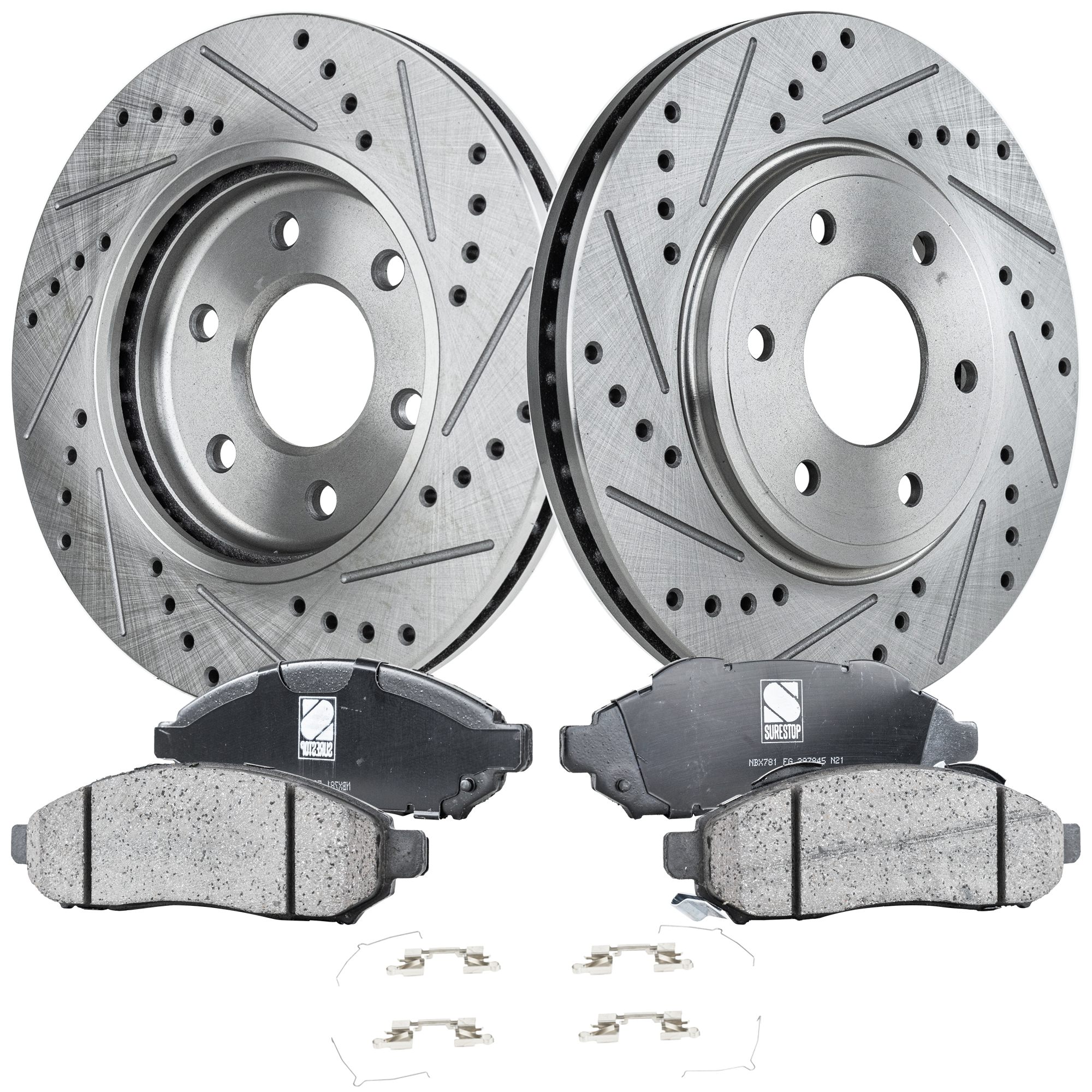 AM EQUATOR 09-10 FRONTIER 05-19 FRONT BRAKE DISC AND PAD KIT 4 pc Kit Cross drilled and Slotted SKU KIT 050323-109 OEM 31411-44584-60300-0833331-9002