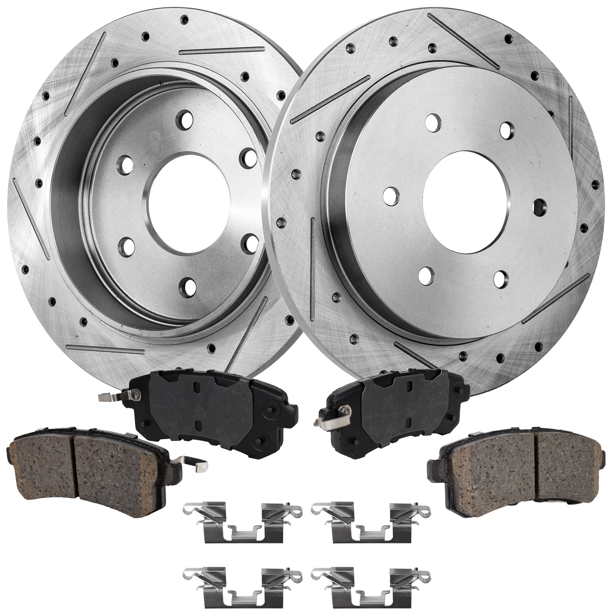 AM ARMADA 17-19 REAR BRAKE DISC AND PAD KIT 4 pc Kit Cross drilled and Slotted SKU KIT 050323-117 OEM 31329-145475-0833011-980198-48