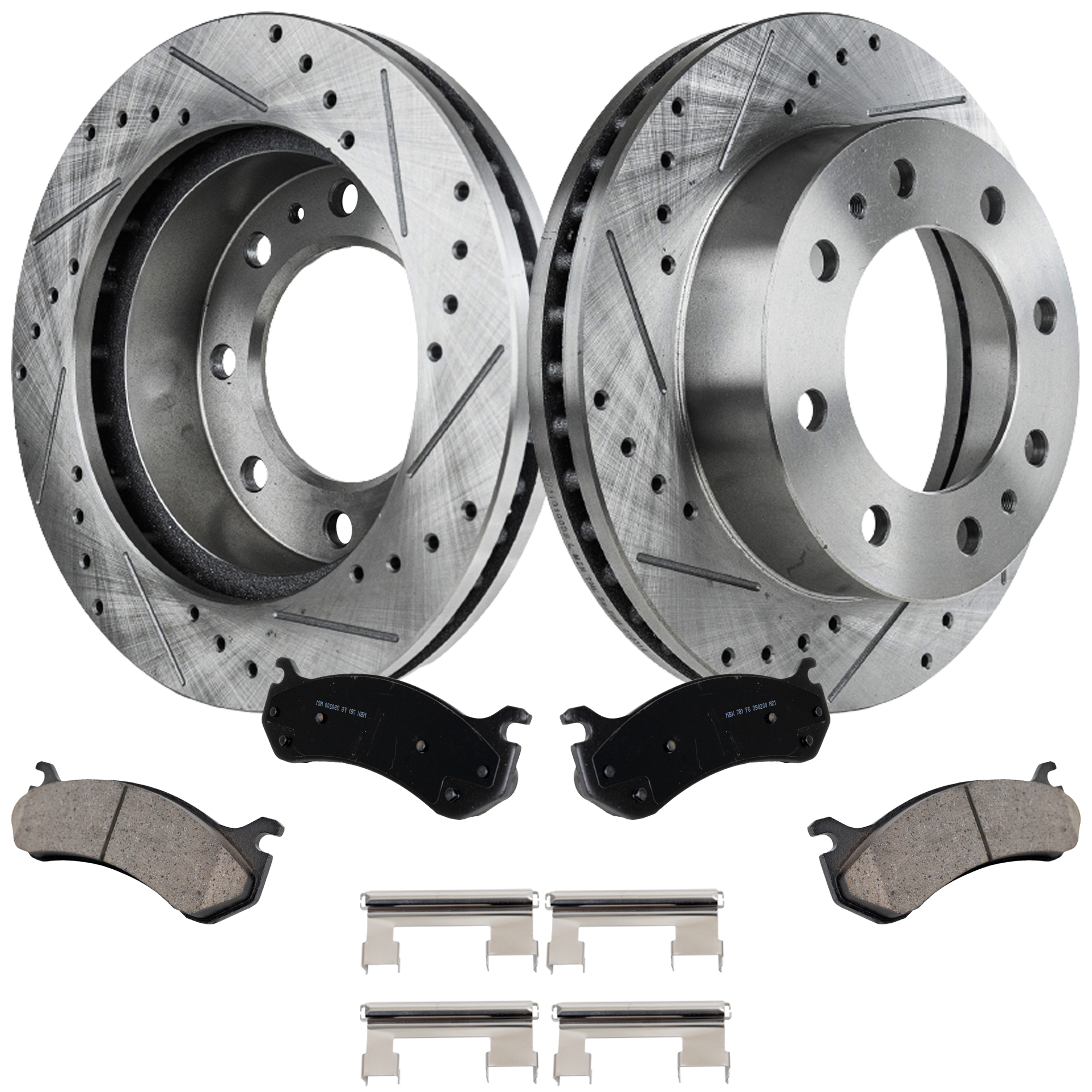 AM EXPRESS 2500 SAVANA 2500-03-05 FRONT BRAKE DISC AND PAD KIT 4 pc kit Cross drilled and Slotted SKU KIT 050323-118 OEM 55056-56829-56999-86829-101421