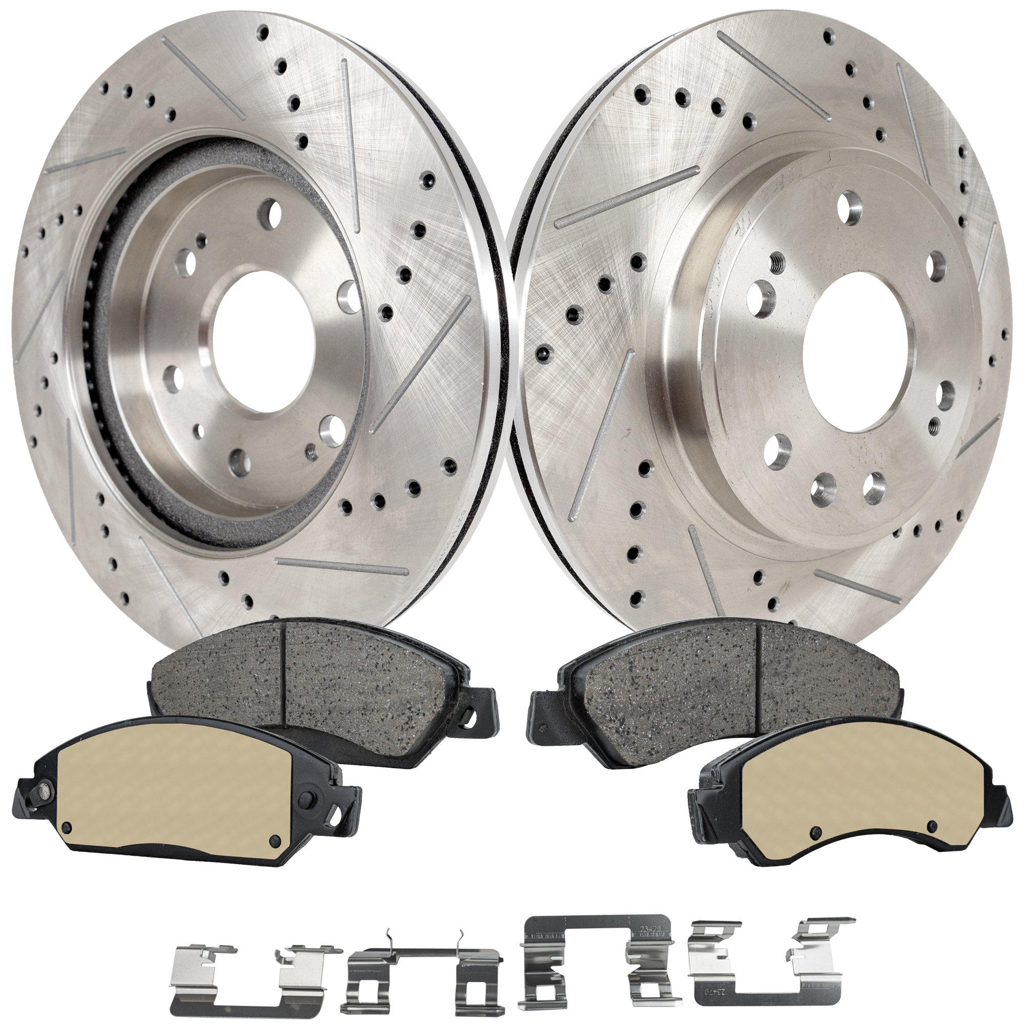 AM SIERRA 1500-05-06 FRONT BRAKE DISC AND PAD KIT 4 pc Kit Cross drilled and Slotted SKU KIT 050323-120 OEM 19914-55054-56825-101419-14525