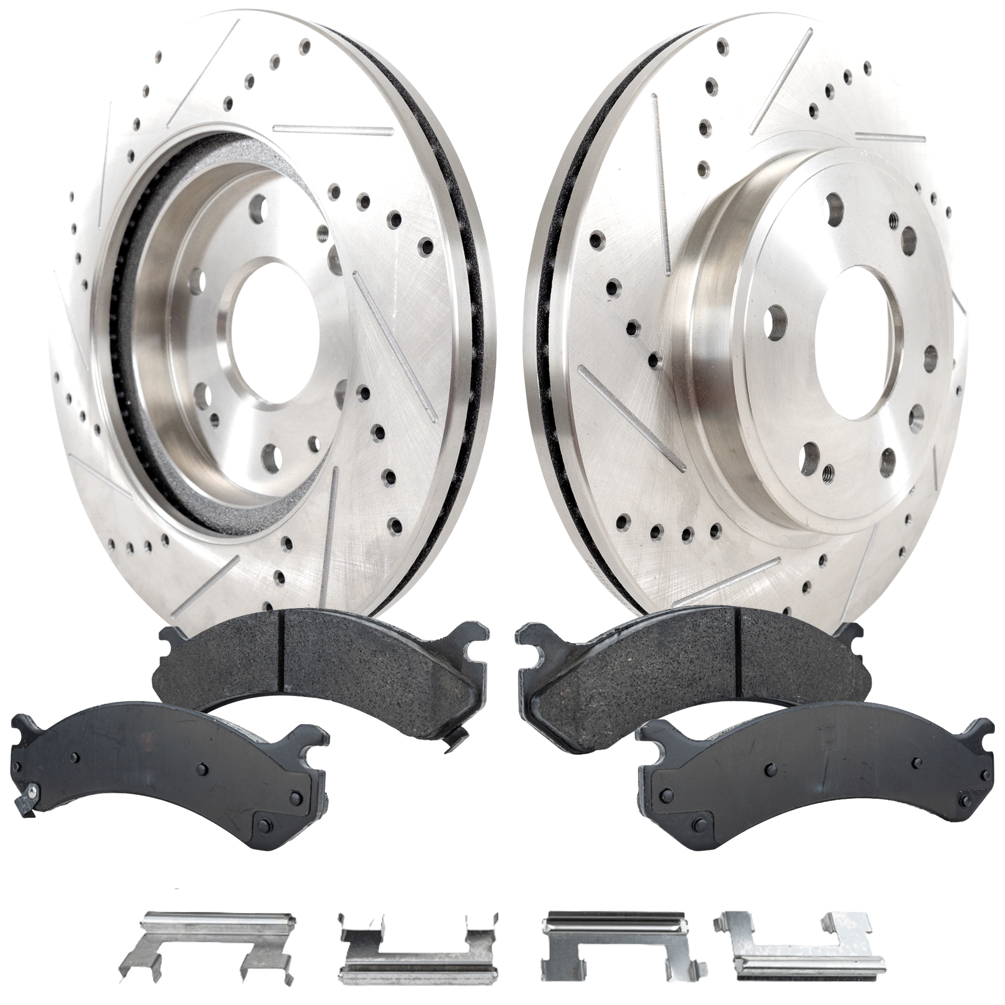 AM SILVERADO 1500 HD 01-01 EXPRESS 2500-03-05 FRONT BRAKE DISC AND PAD KIT 4 pc Kit Cross drilled and Slotted SKU KIT 050323-121 OEM 19914-55054-56825-101419-14525