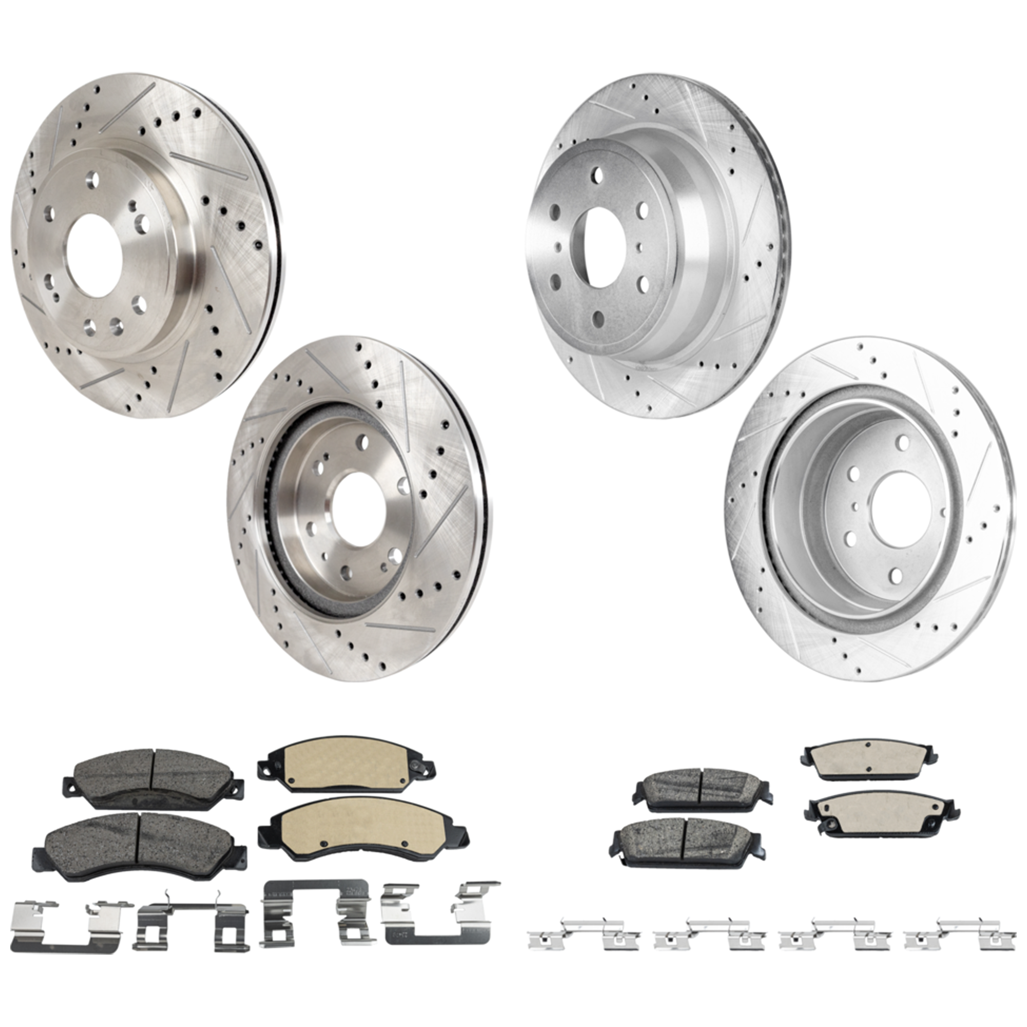 AM SIERRA 1500 SUBURBAN 1500-07-07 FRONT AND REAR BRAKE DISC AND PAD KIT Cross drilled and Slotted 8 pc Kit Ceramic Pad Material SKU KIT 050323-37 OEM 90048053-580422FZN 581032FZN 4