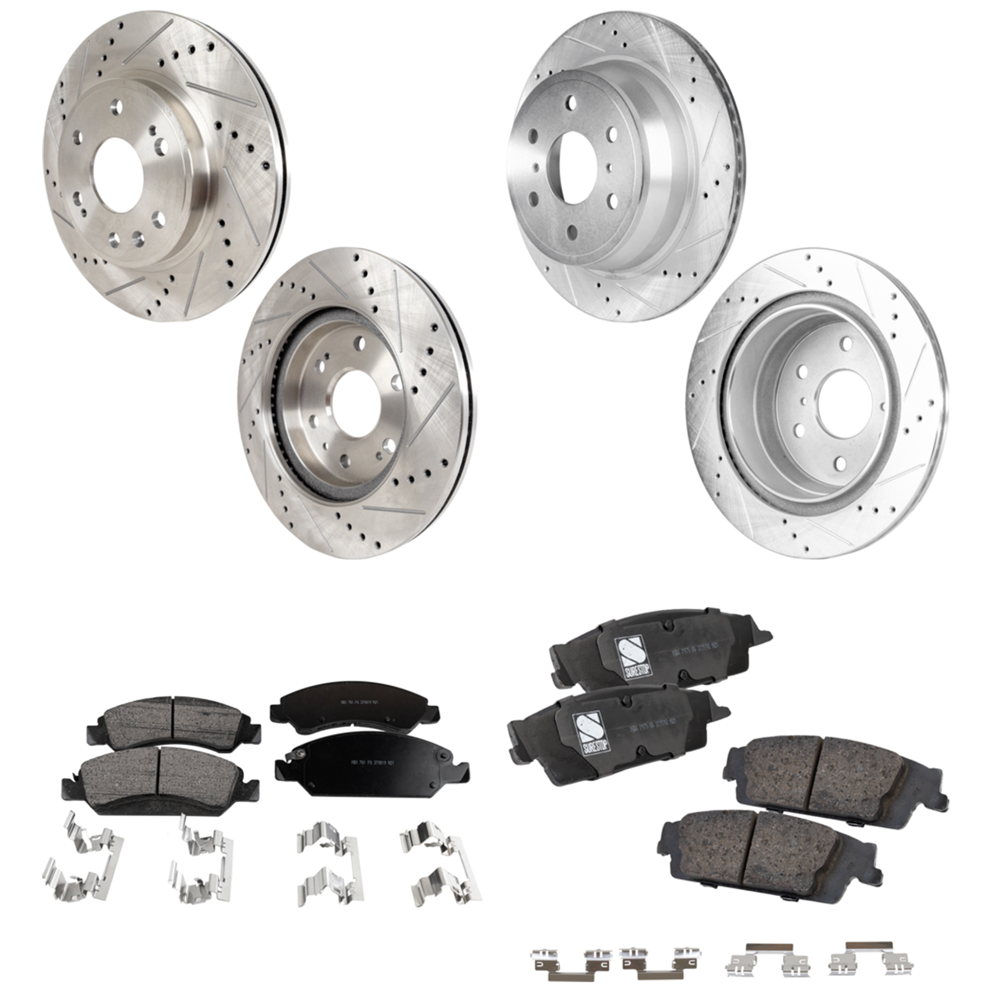 AM TAHOE YUKON 18-20 FRONT AND REAR BRAKE DISC AND PAD KIT 4 Wheel Set Cross drilled and Slotted Ceramic Pad Material SKU KIT 050323-39 OEM 90048053-580422FZN 581032FZN 4