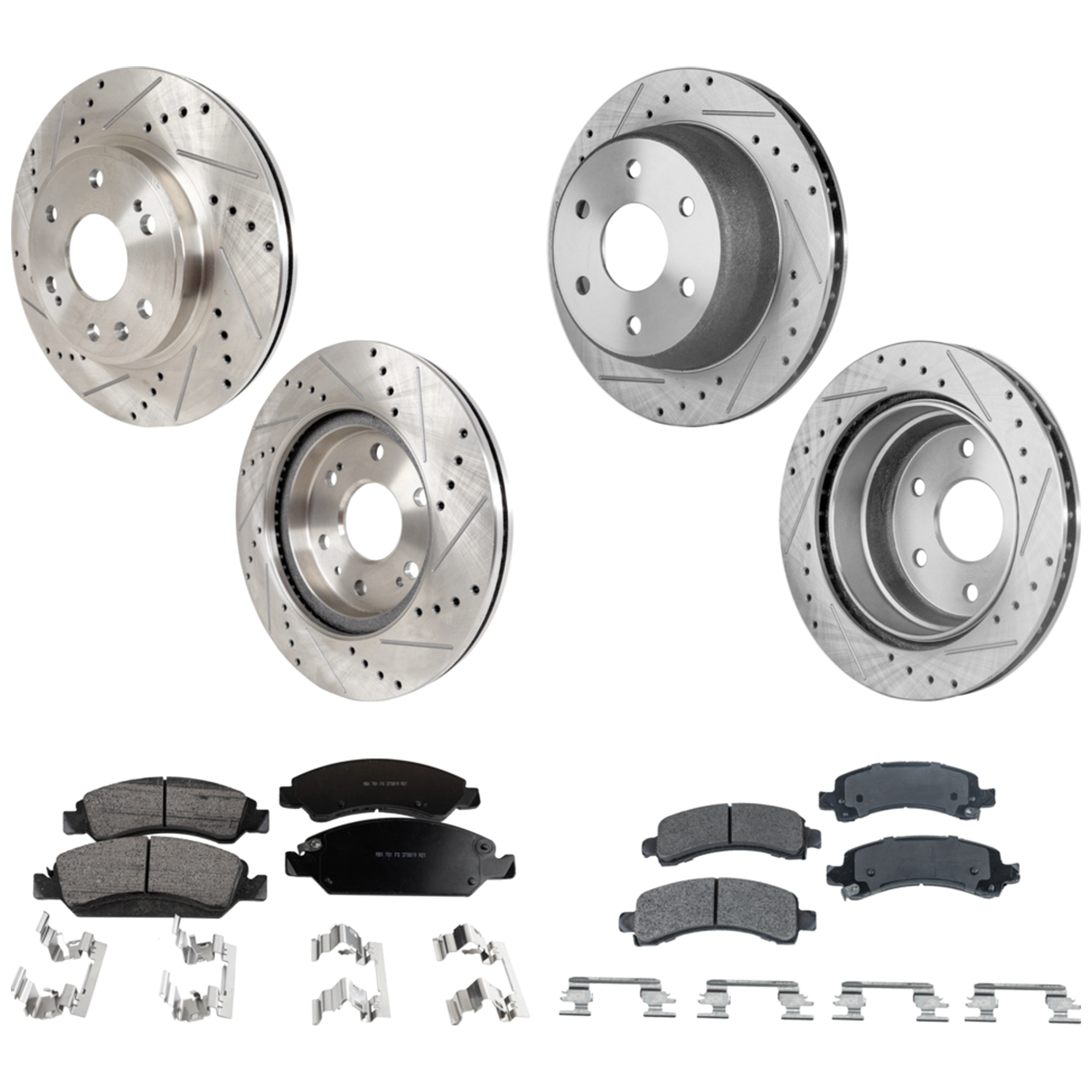 AM EXPRESS 1500 SAVANA 1500-09-14 FRONT AND REAR BRAKE DISC AND PAD KIT Cross drilled and Slotted 8 pc kit SKU KIT 050323-41 OEM 41252-55097-55170-72043-145582