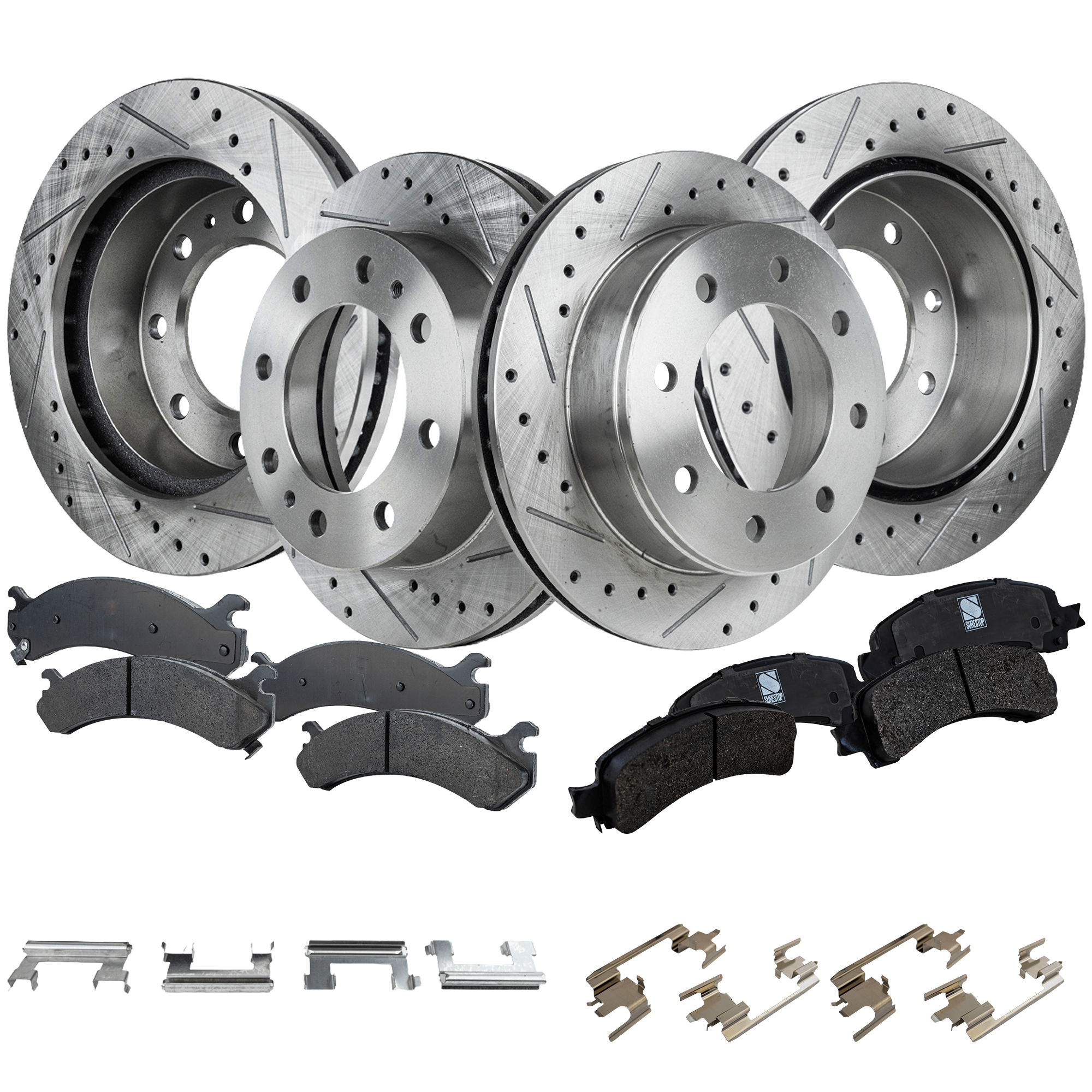 AM EXPRESS 2500 SAVANA 2500-03-17 FRONT AND REAR BRAKE DISC AND PAD KIT 8 pc kit Cross drilled and Slotted SKU KIT 050323-44 OEM 55056-56829-56999-86829-10